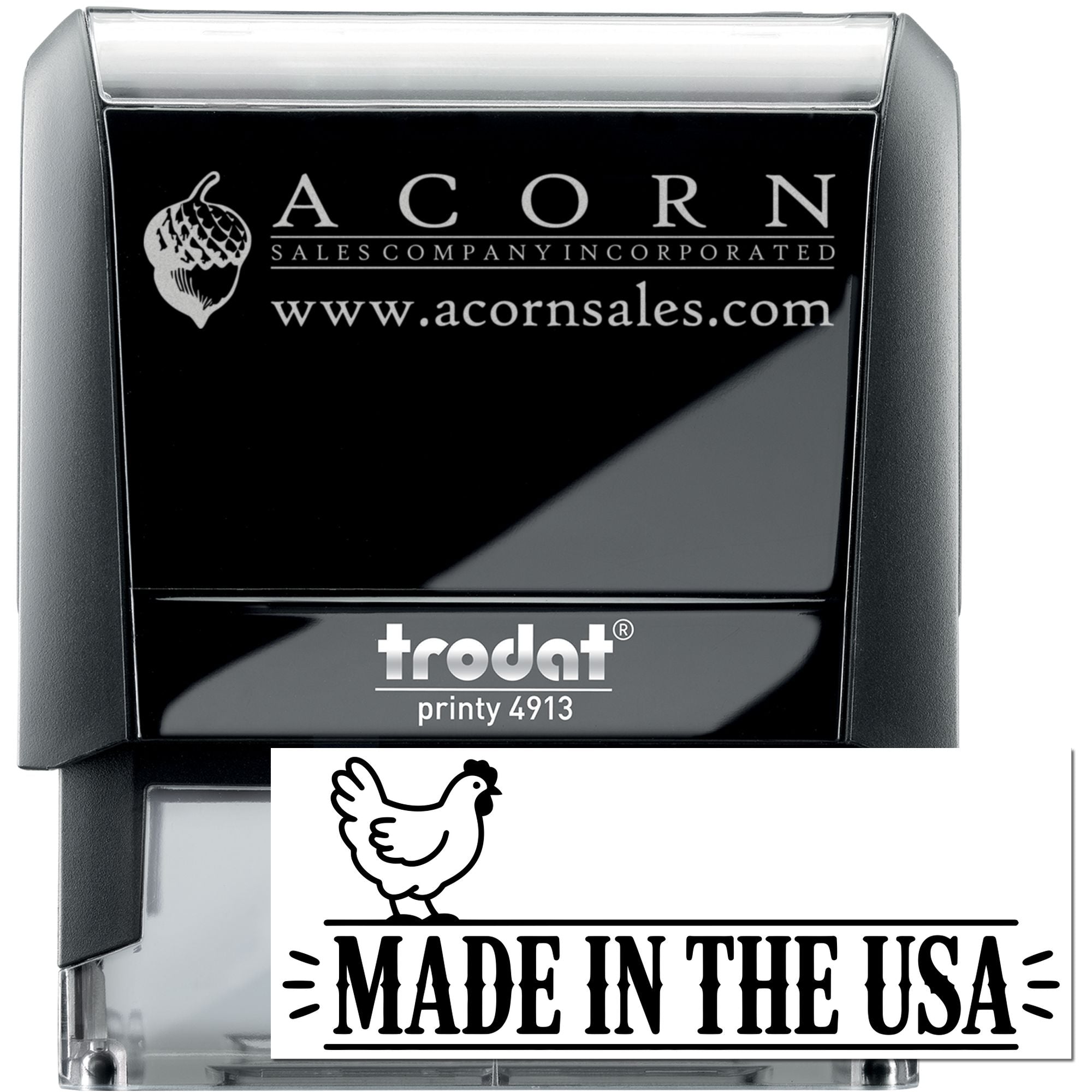Custom self-inking rubber stamp for business branding, featuring Acorn Sales Company logo and Made in the USA design.