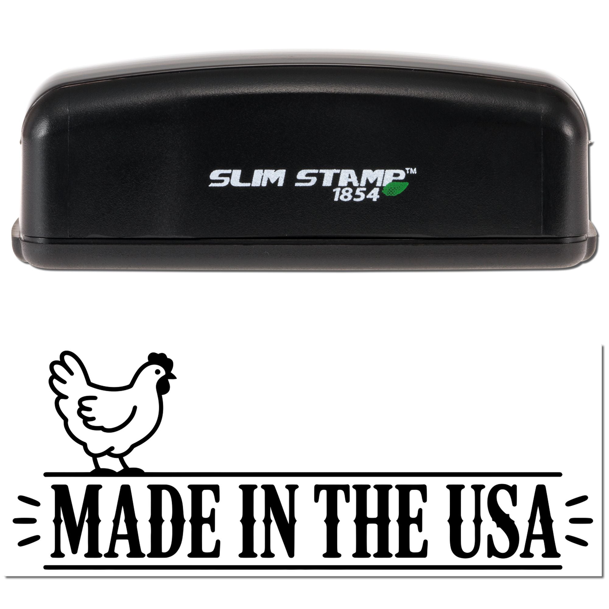 Slim Stamp 1854 self-inking rubber stamp with Made in the USA chicken logo imprint