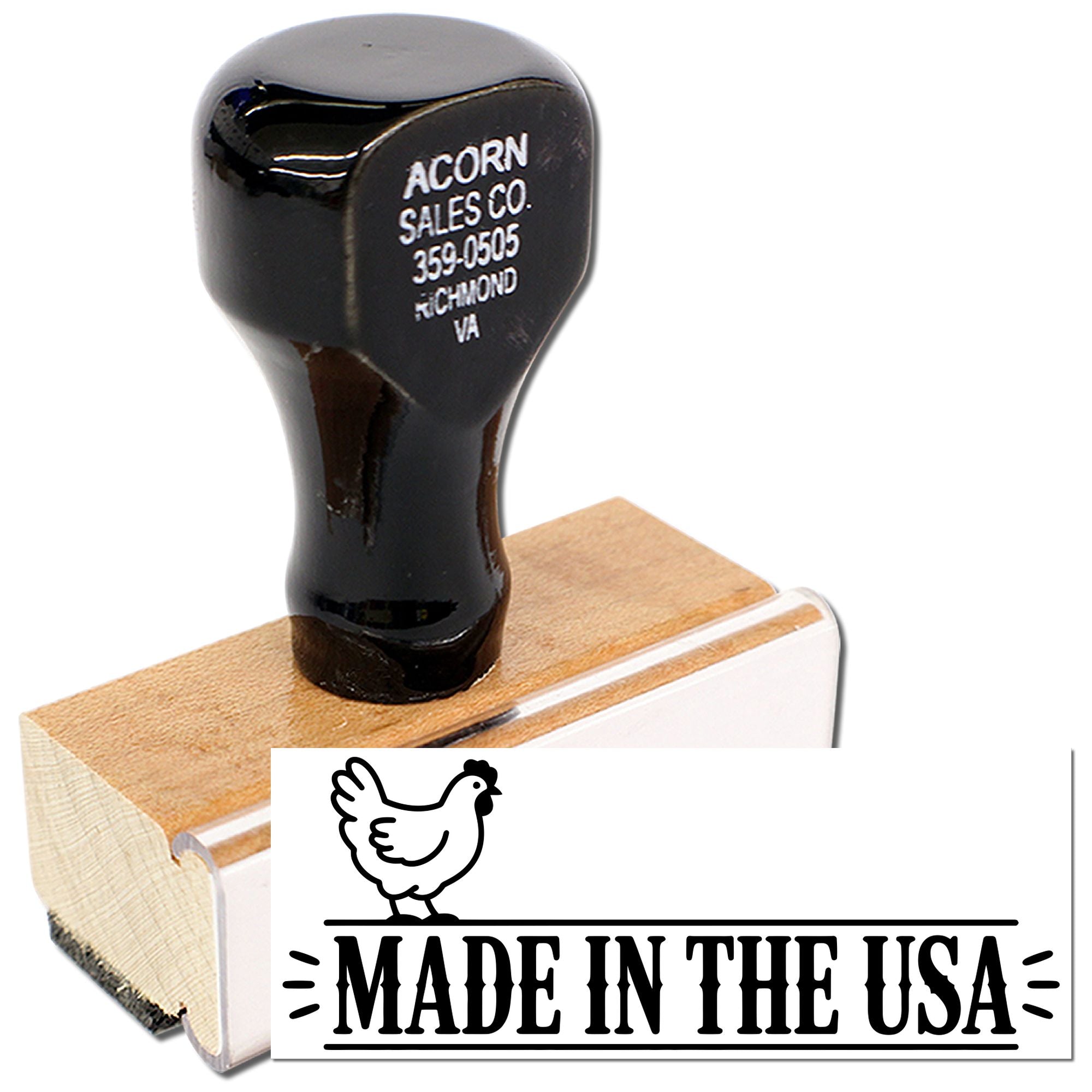 Custom wood-handled rubber stamp with business address and Made in the USA chicken logo for branding and packaging
