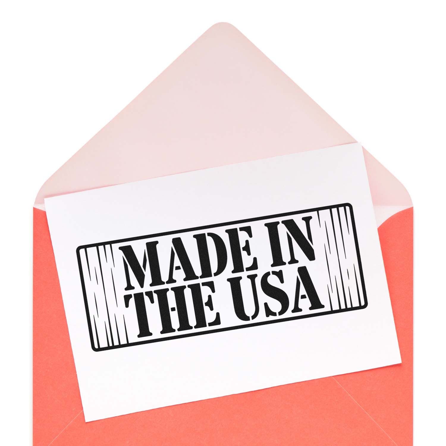 Made in the USA rubber stamp on envelope, ideal for product packaging, branding, and American-made business promotions.