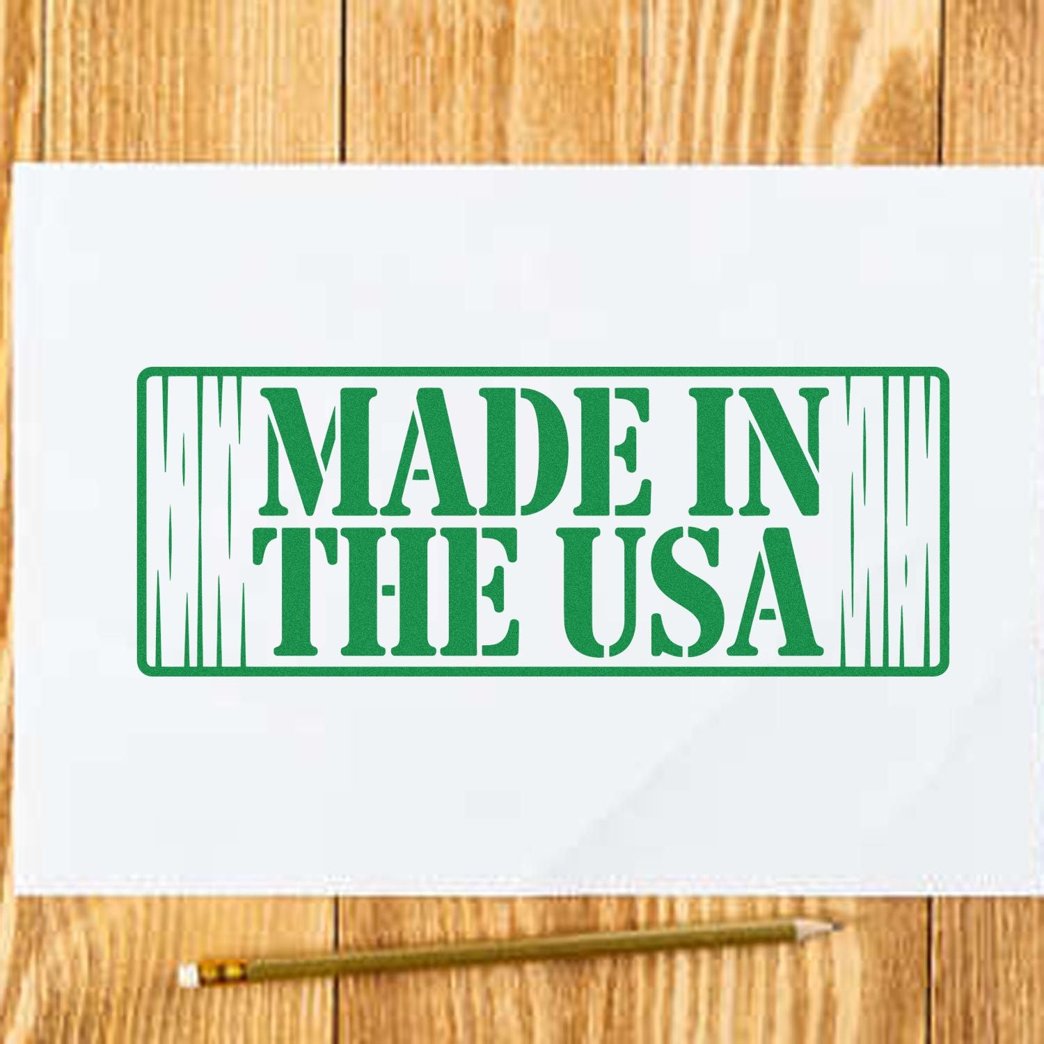 Made in the USA rubber stamp impression on paper, perfect for patriotic packaging and branding.