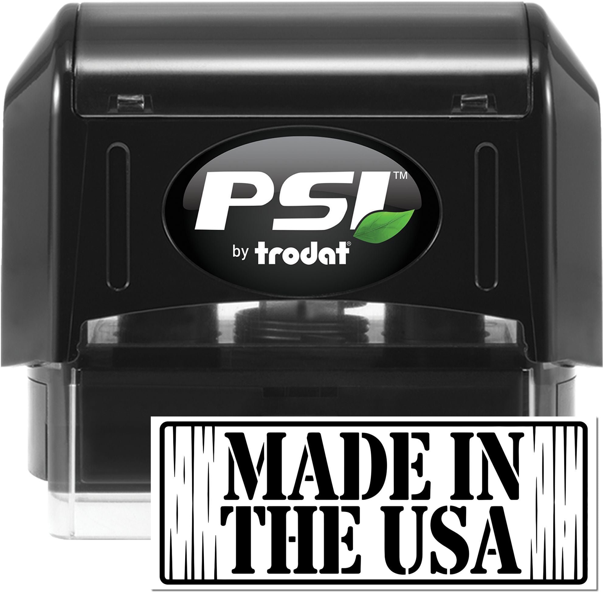 PSI by Trodat self-inking rubber stamp with Made in the USA imprint for custom business branding.