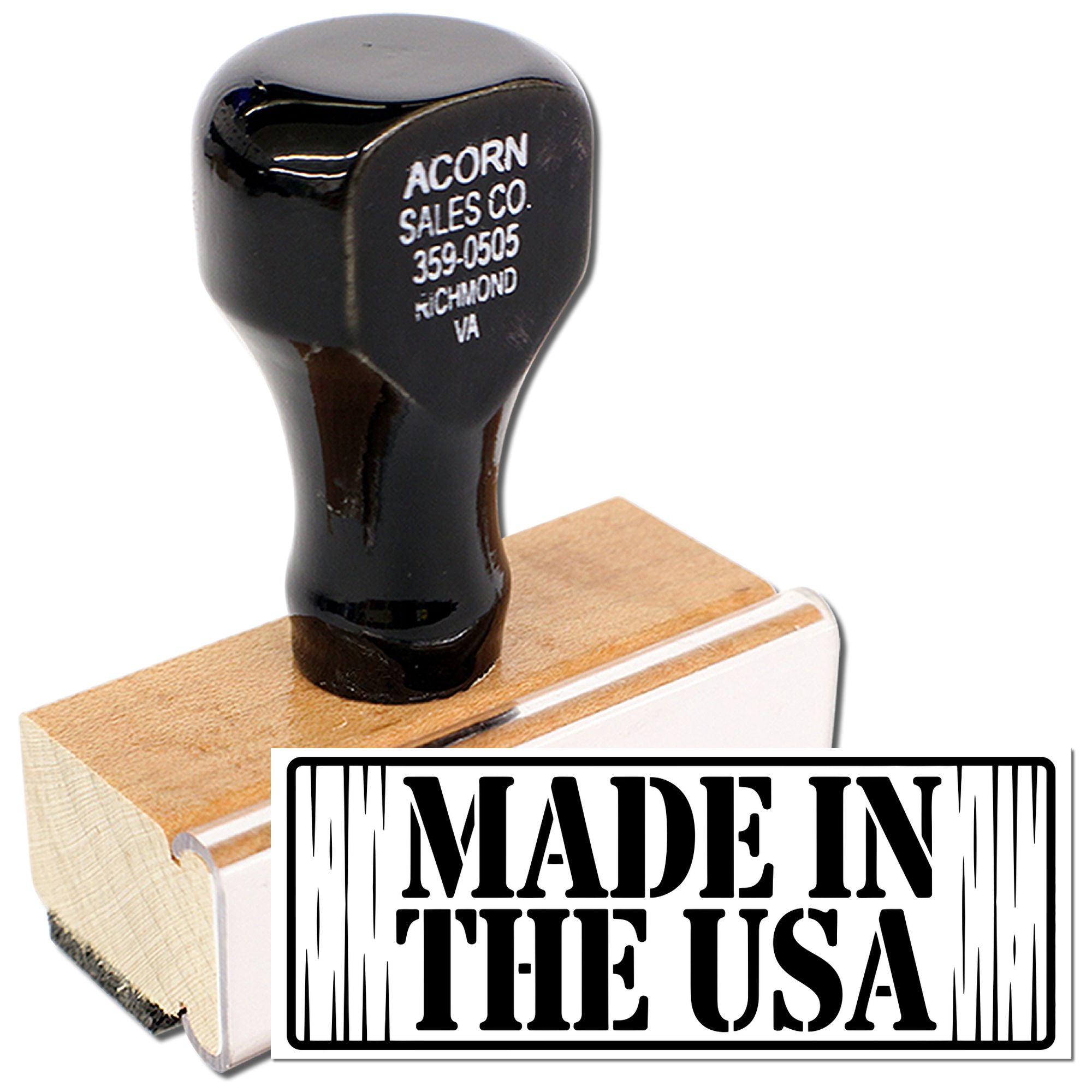 Custom rubber stamp with Made in the USA imprint and wooden handle, ideal for product branding and packaging.