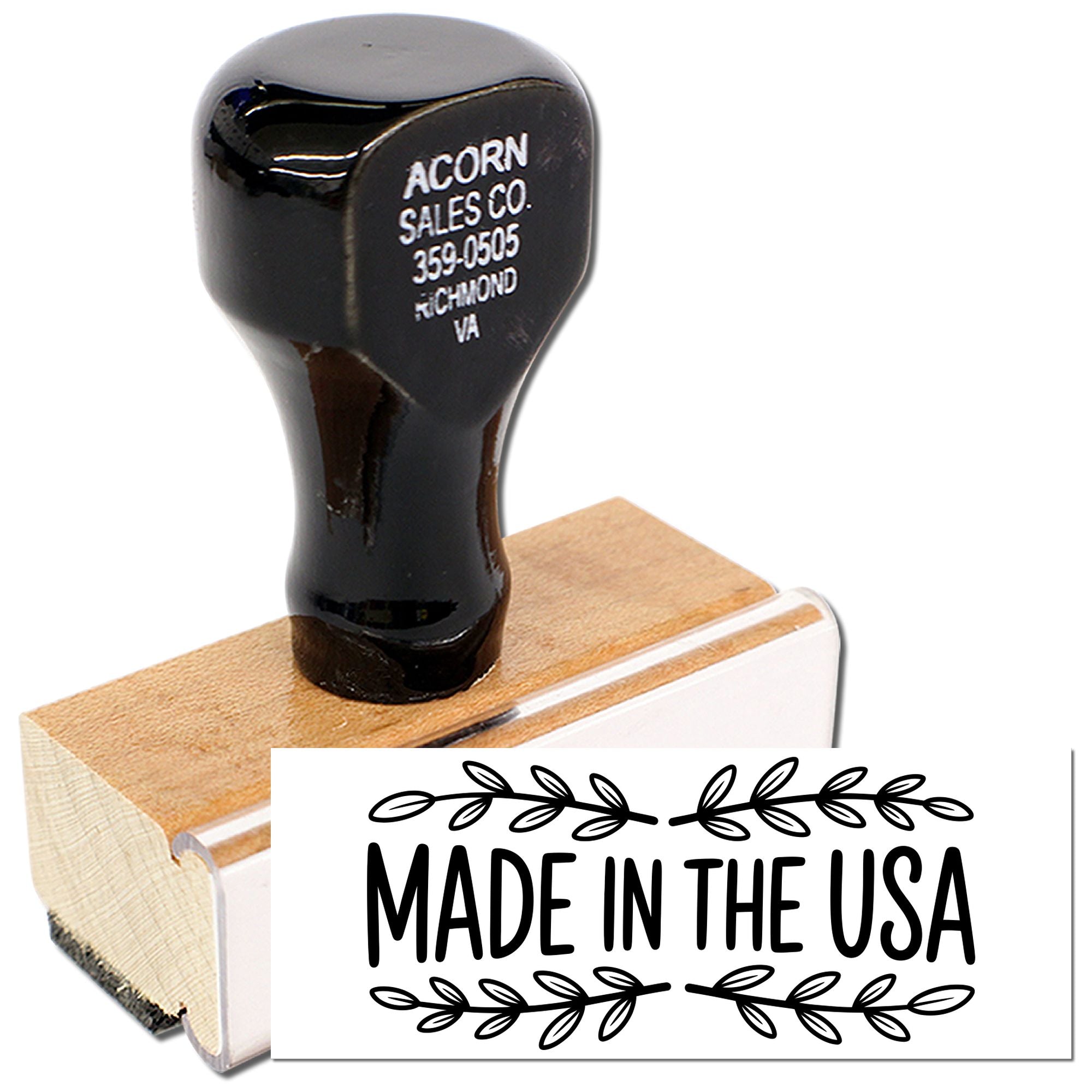 Made in the USA rubber stamp with wooden handle, ideal for branding handmade products, packaging, and custom business use.