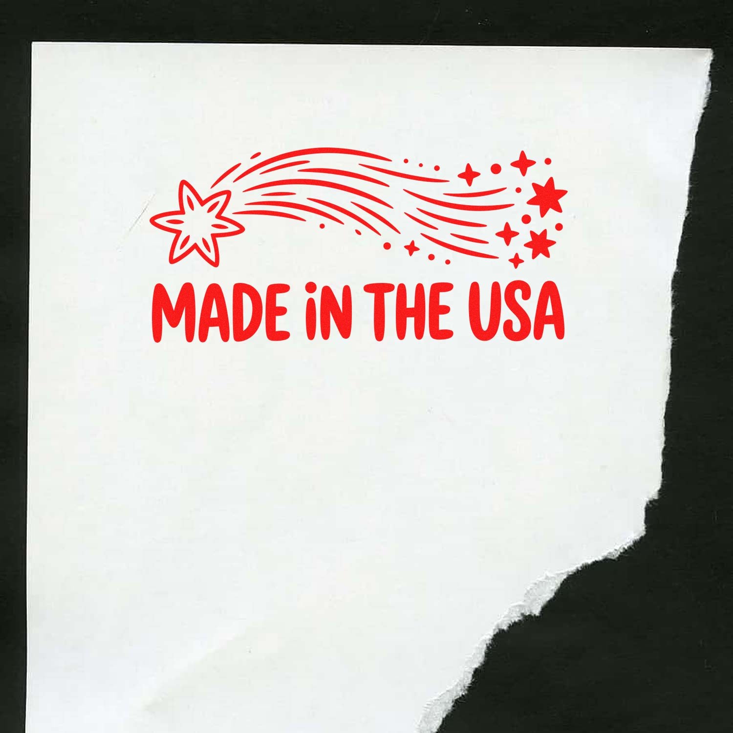Made in USA rubber stamp design with starburst and shooting star graphic, perfect for patriotic product branding and packaging.