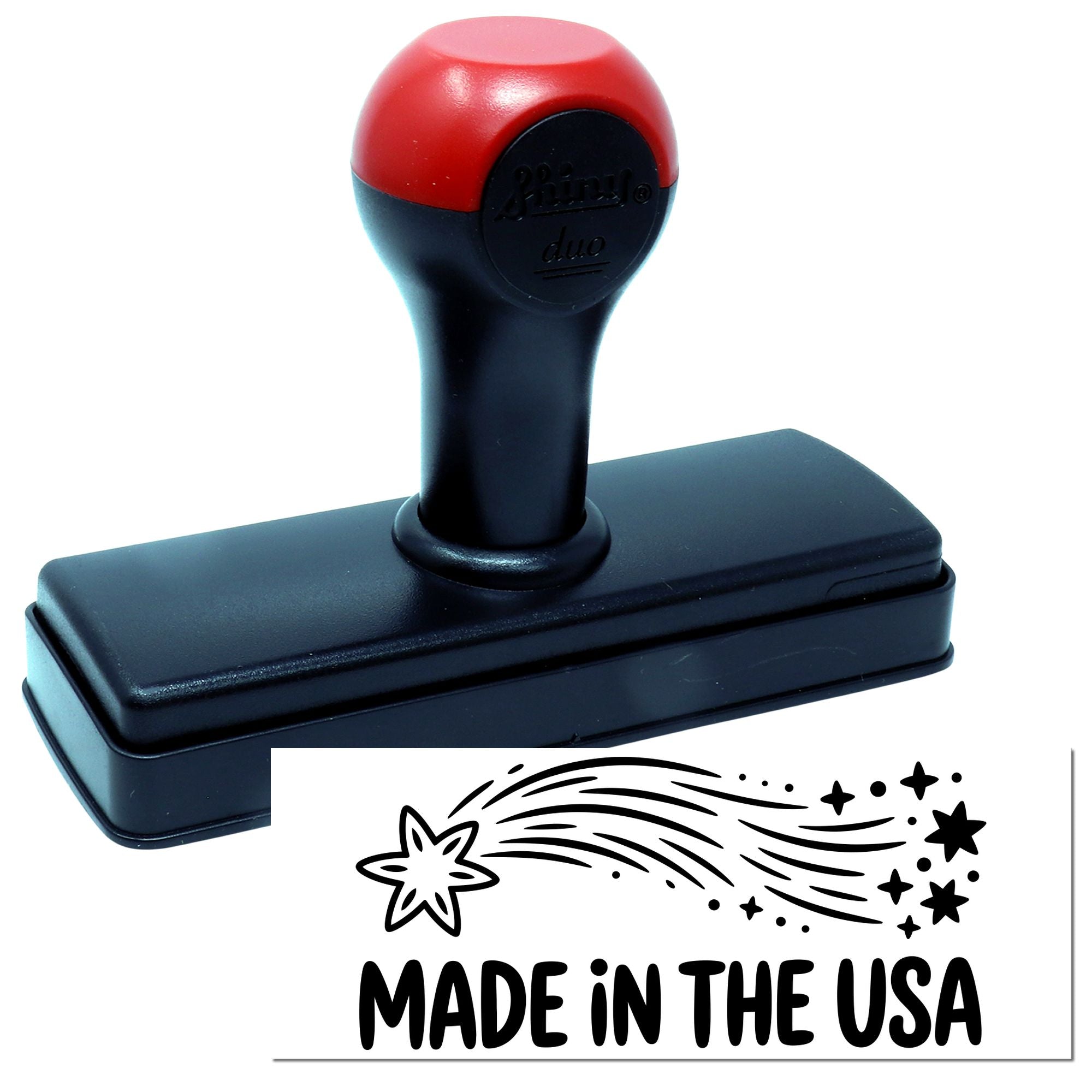 Self-inking rubber stamp with Made in the USA imprint for product packaging, branding, and labeling.