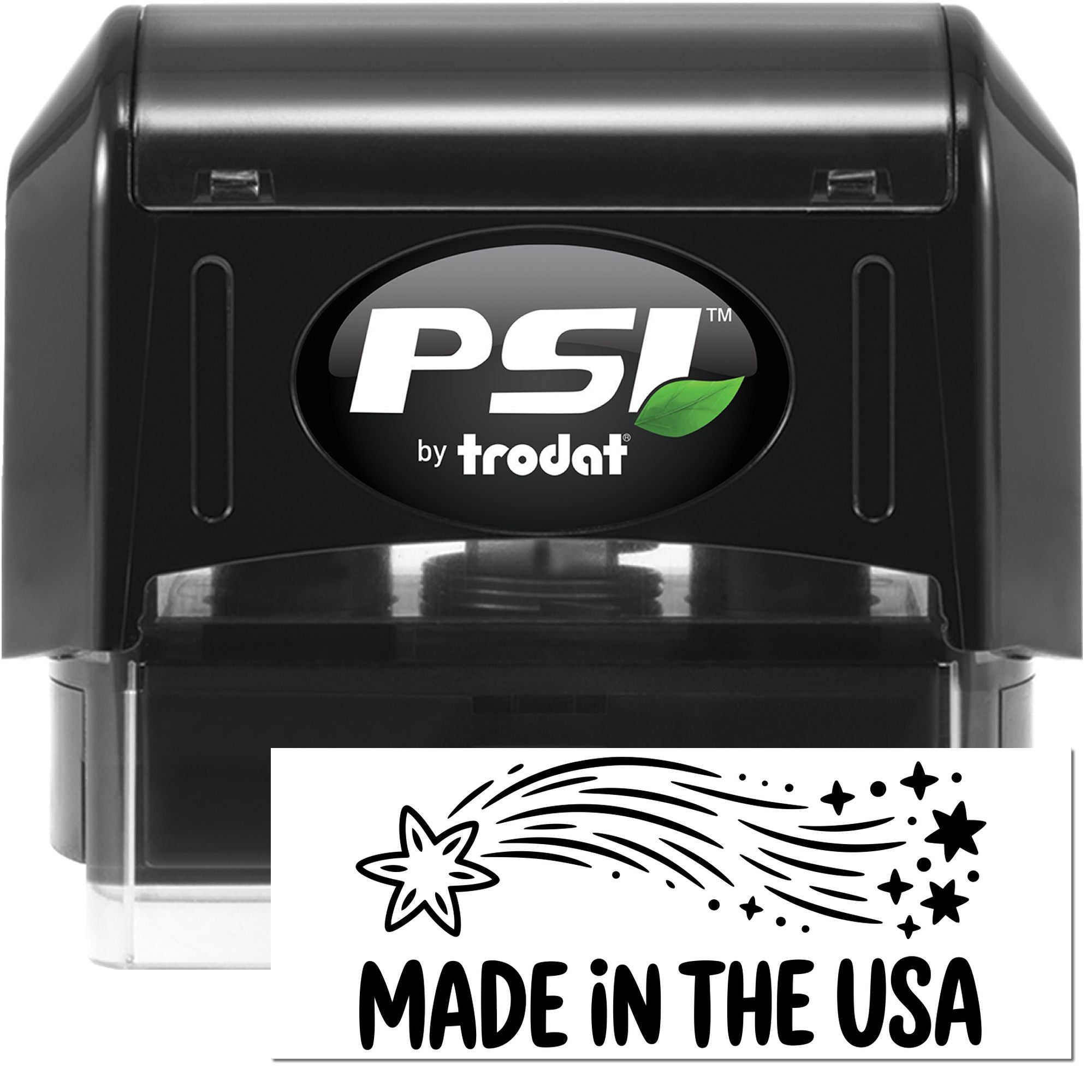 PSI by Trodat self-inking rubber stamp with Made in the USA imprint for business packaging and labeling.