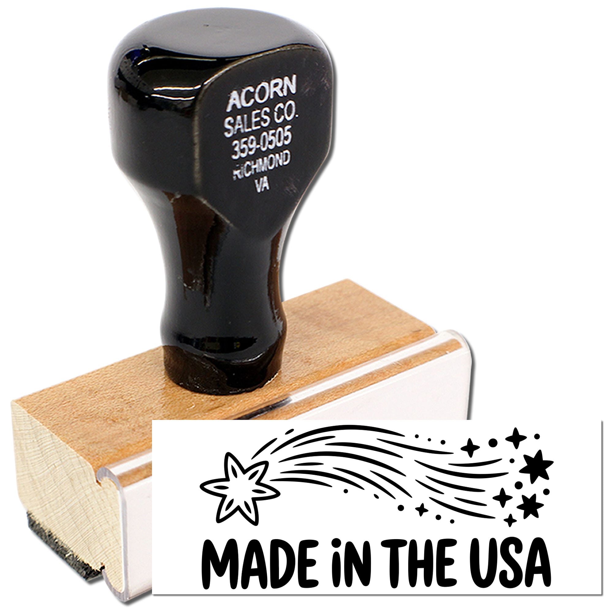 Wooden-mounted Made in the USA rubber stamp with star design for branding, packaging, and patriotic business labeling.