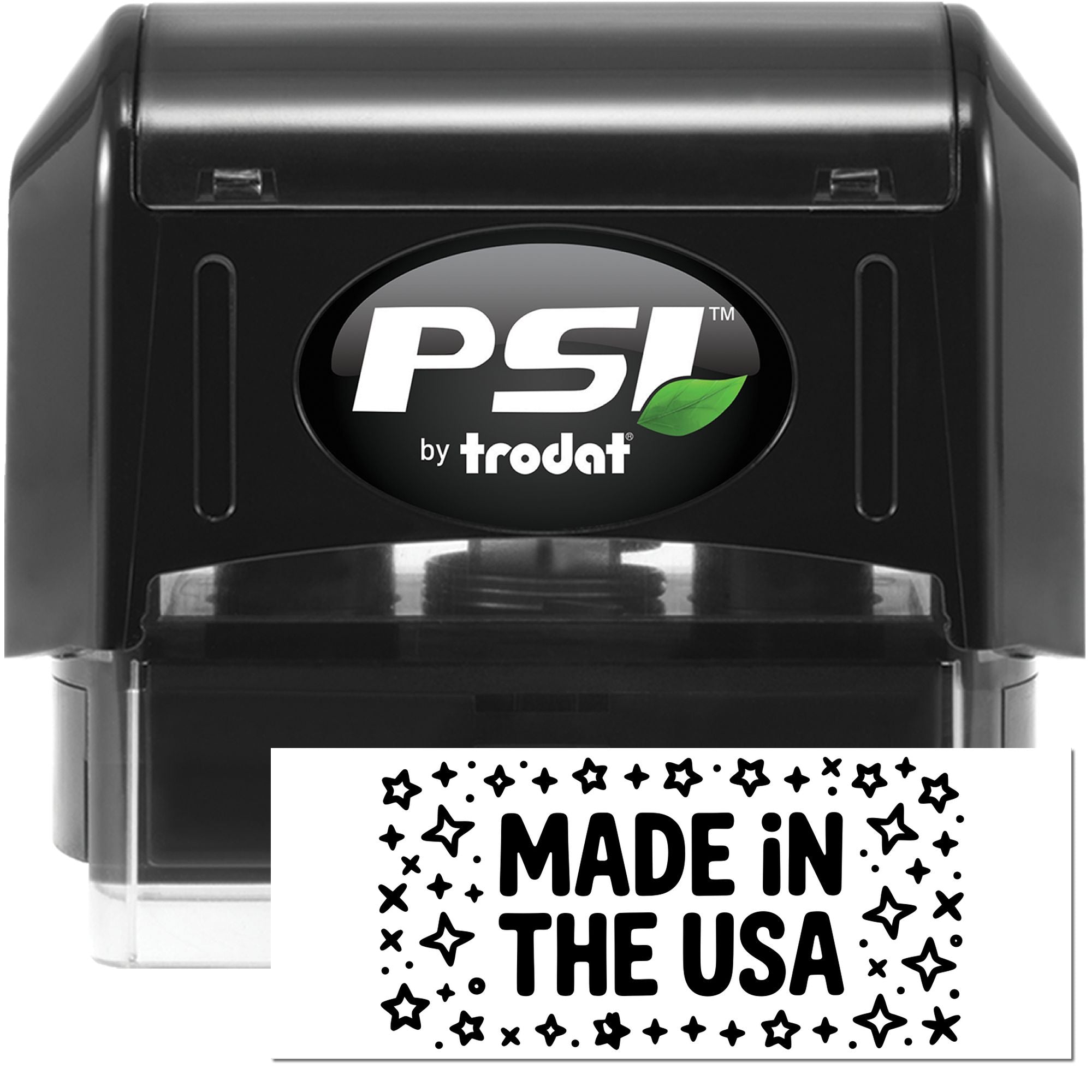 PSI by Trodat self-inking rubber stamp showing Made in the USA imprint for custom product labeling and branding.
