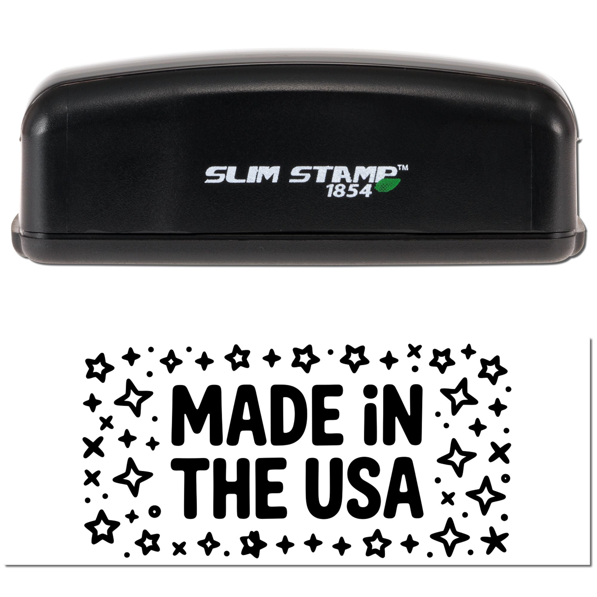 Slim Stamp 1854 rubber stamp with Made in the USA design for branding packaging and patriotic labeling.