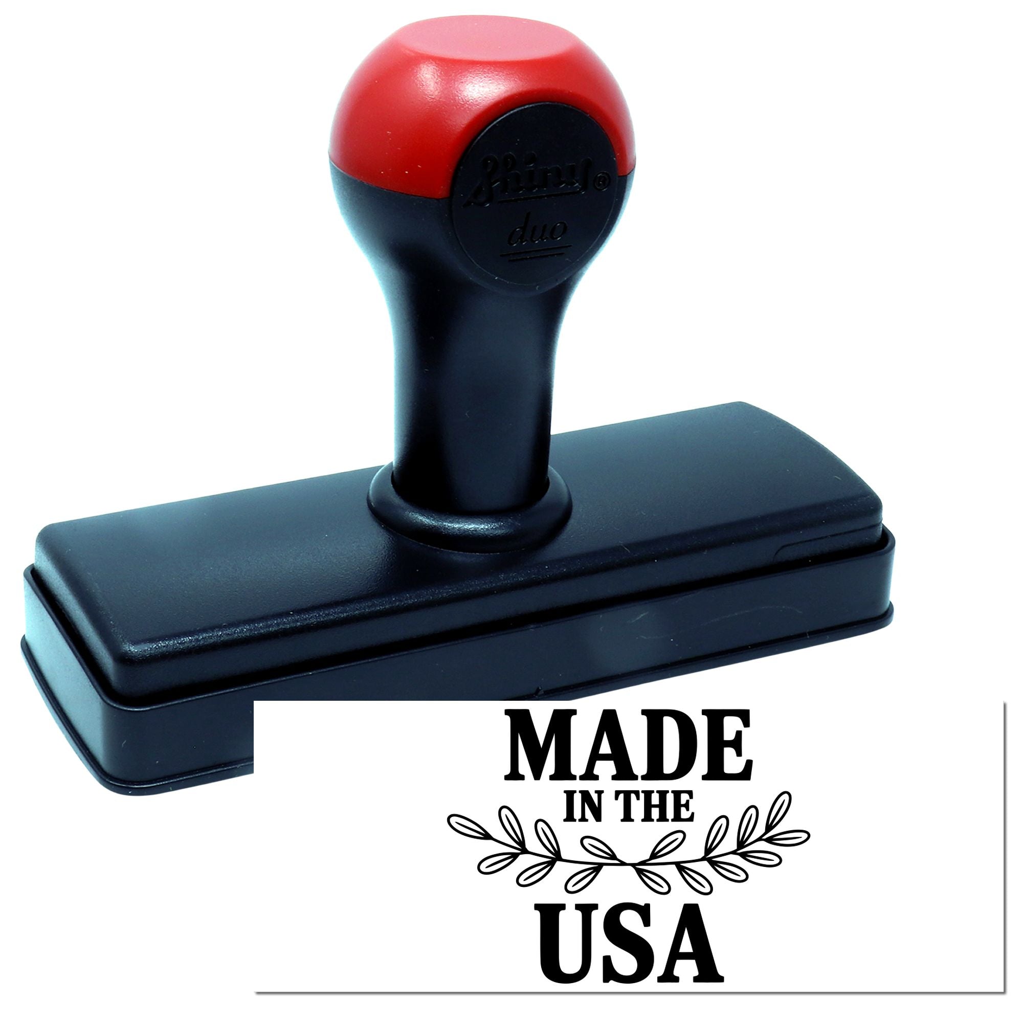 Self-inking Made in USA rubber stamp with red handle, ideal for branding handmade products and packaging.
