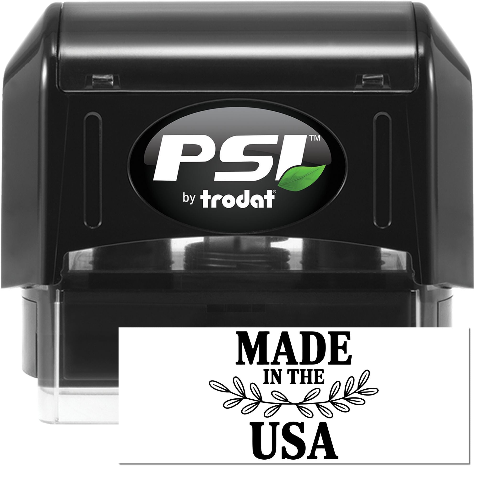 PSI by Trodat self-inking rubber stamp with Made in the USA custom imprint for business packaging and branding.