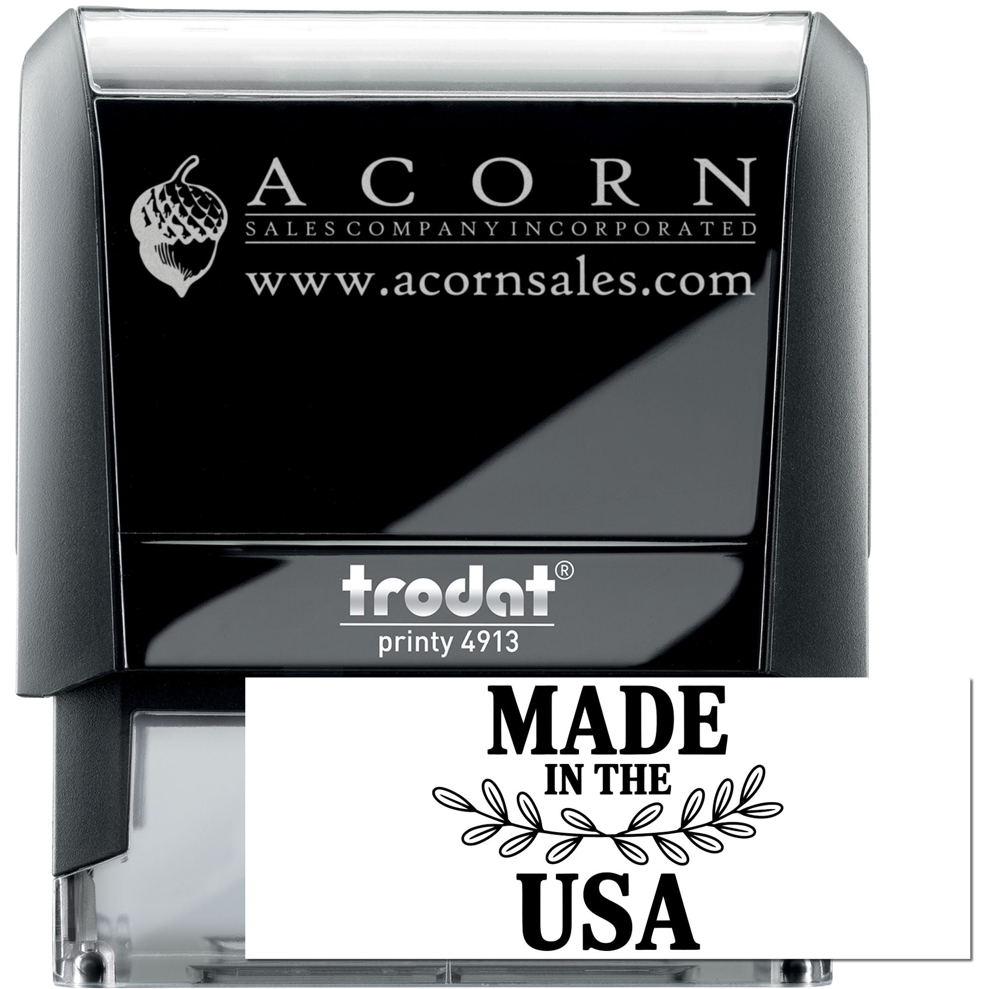 Custom self-inking logo rubber stamp, Trodat Printy 4913, showing Acorn Sales and Made in USA imprint.