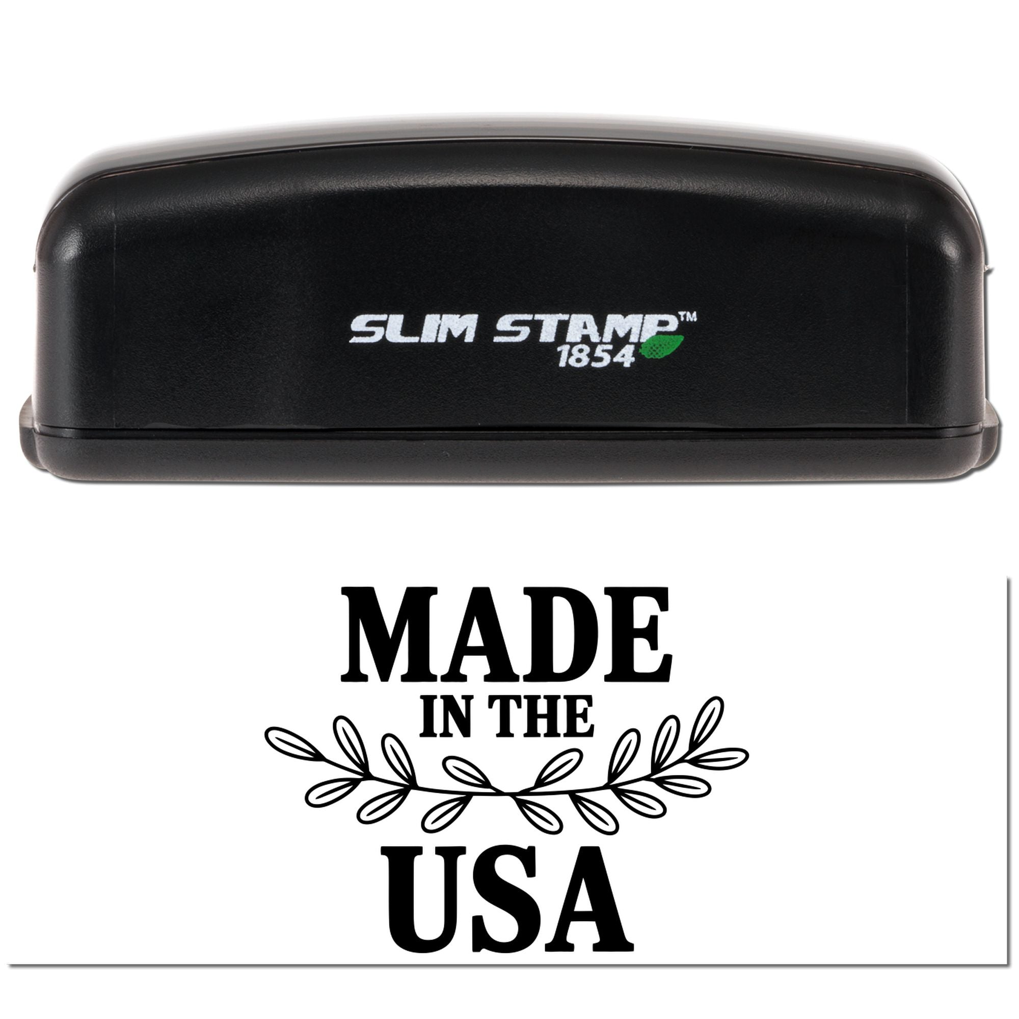 Slim Stamp 1854 rubber stamp with Made in the USA imprint for custom product marking and packaging labels.