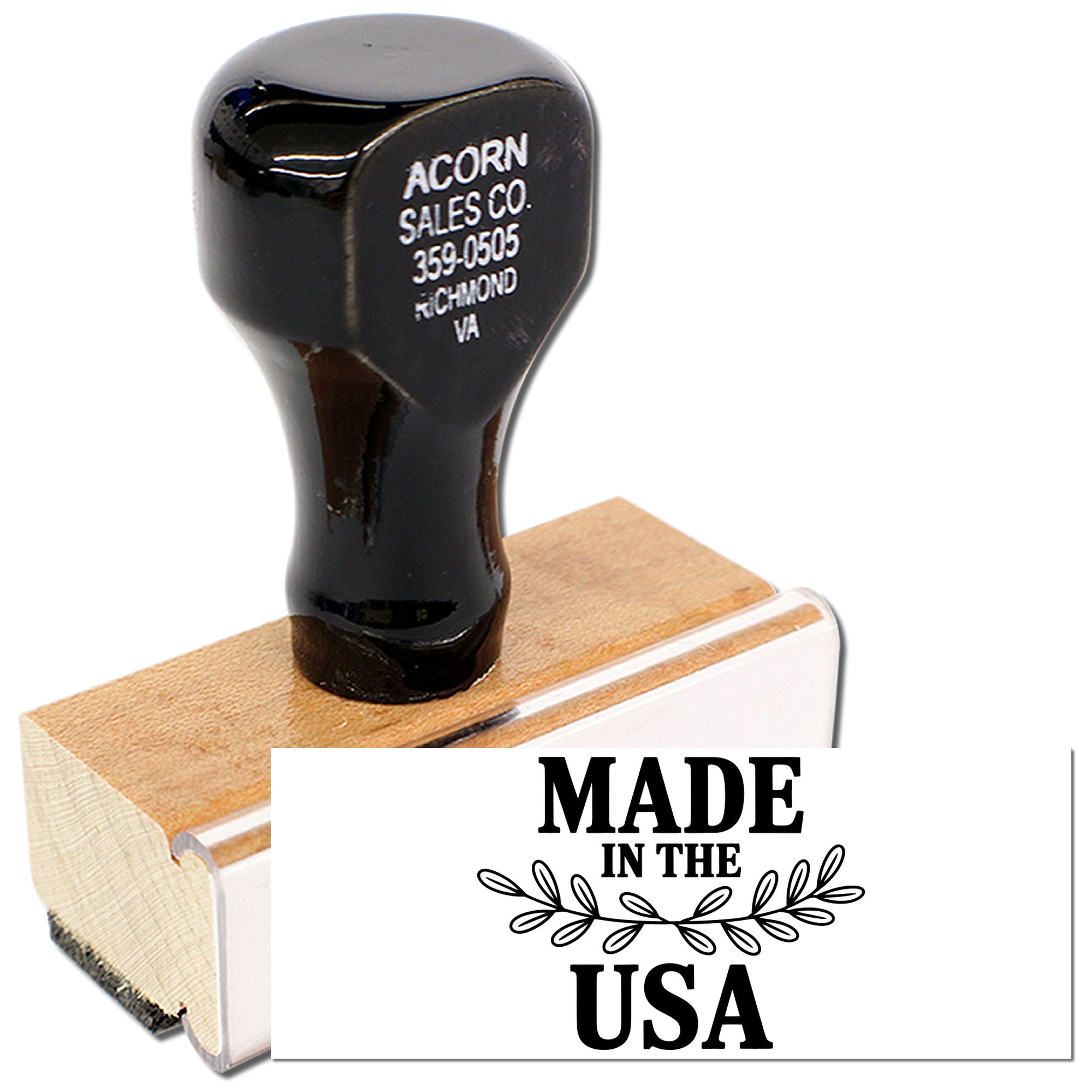 Made in the USA rubber stamp with wood handle for patriotic branding, product packaging, and handmade goods.