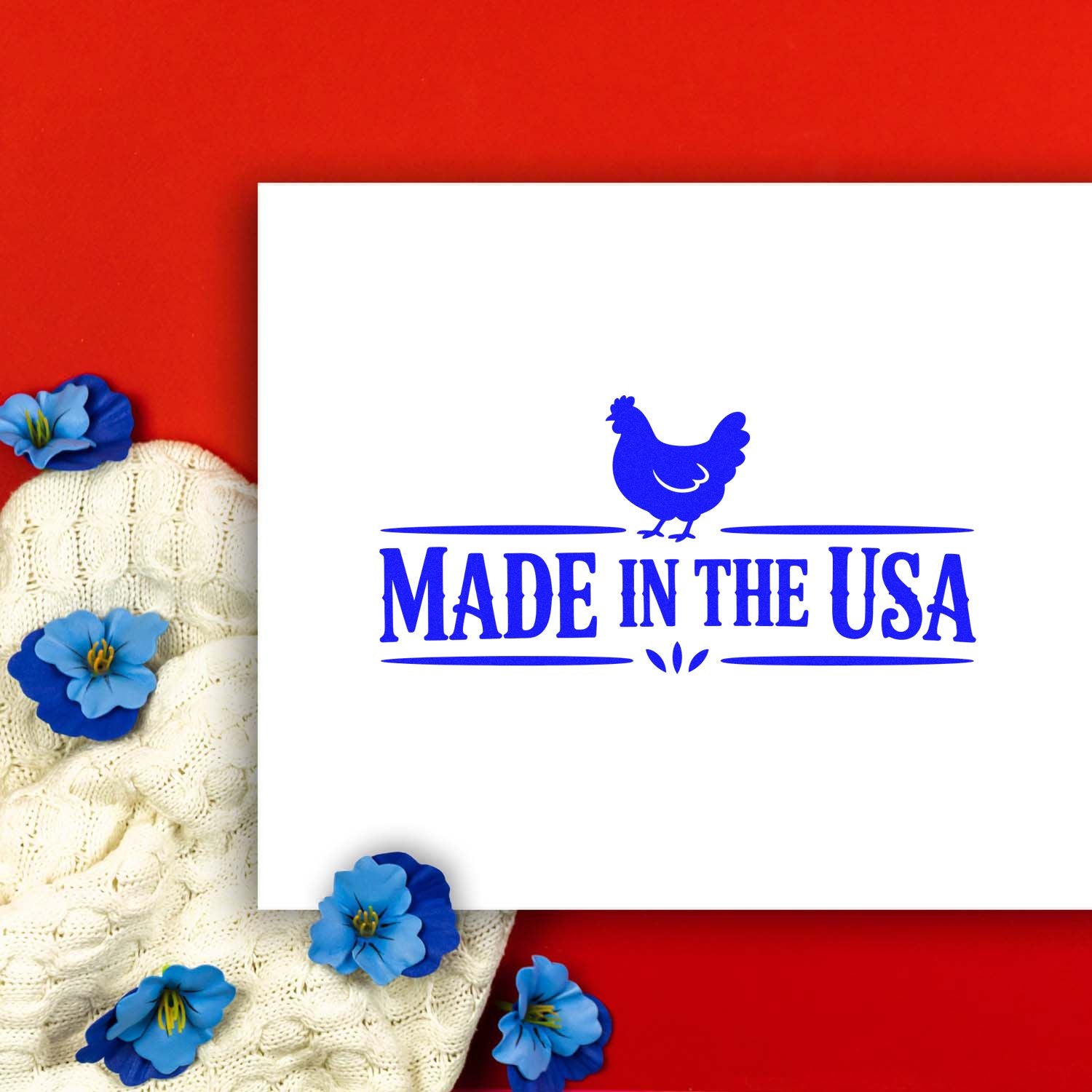 Made in the USA chicken rubber stamp for product packaging, handmade goods, and patriotic labeling.