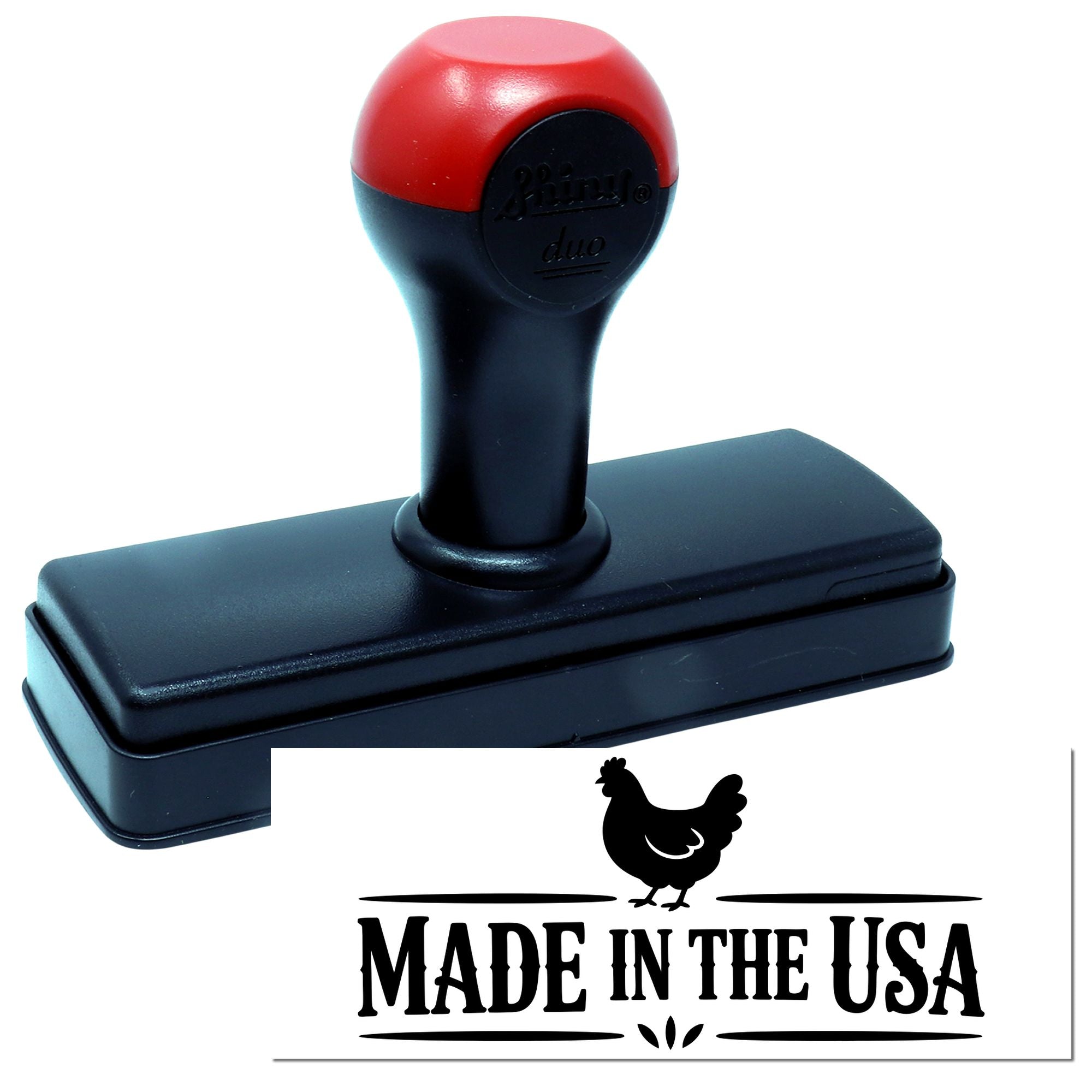 Self-inking rubber stamp featuring Made in the USA chicken design for product branding and labeling.
