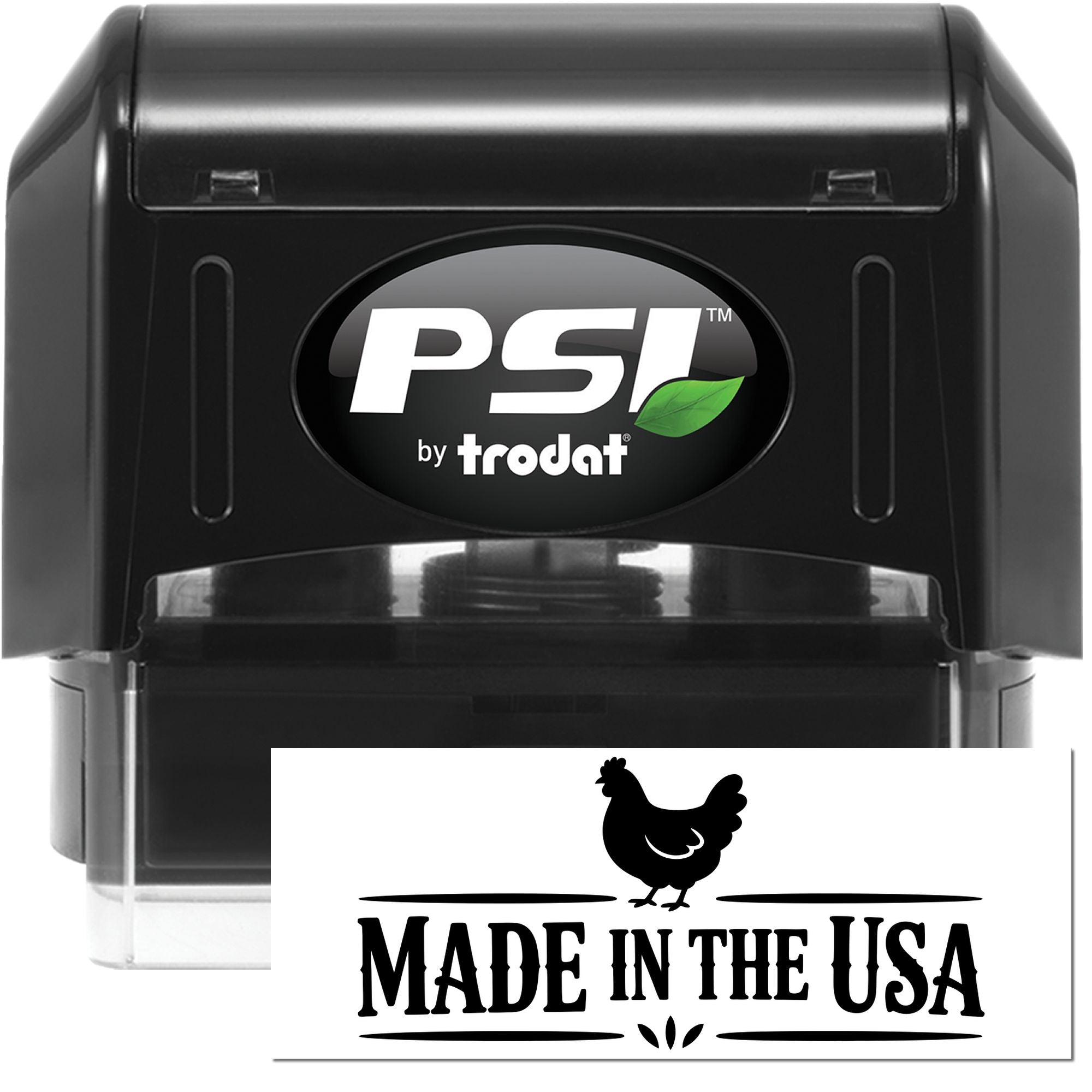 PSI by Trodat self-inking rubber stamp with Made in the USA chicken design for product branding and packaging.