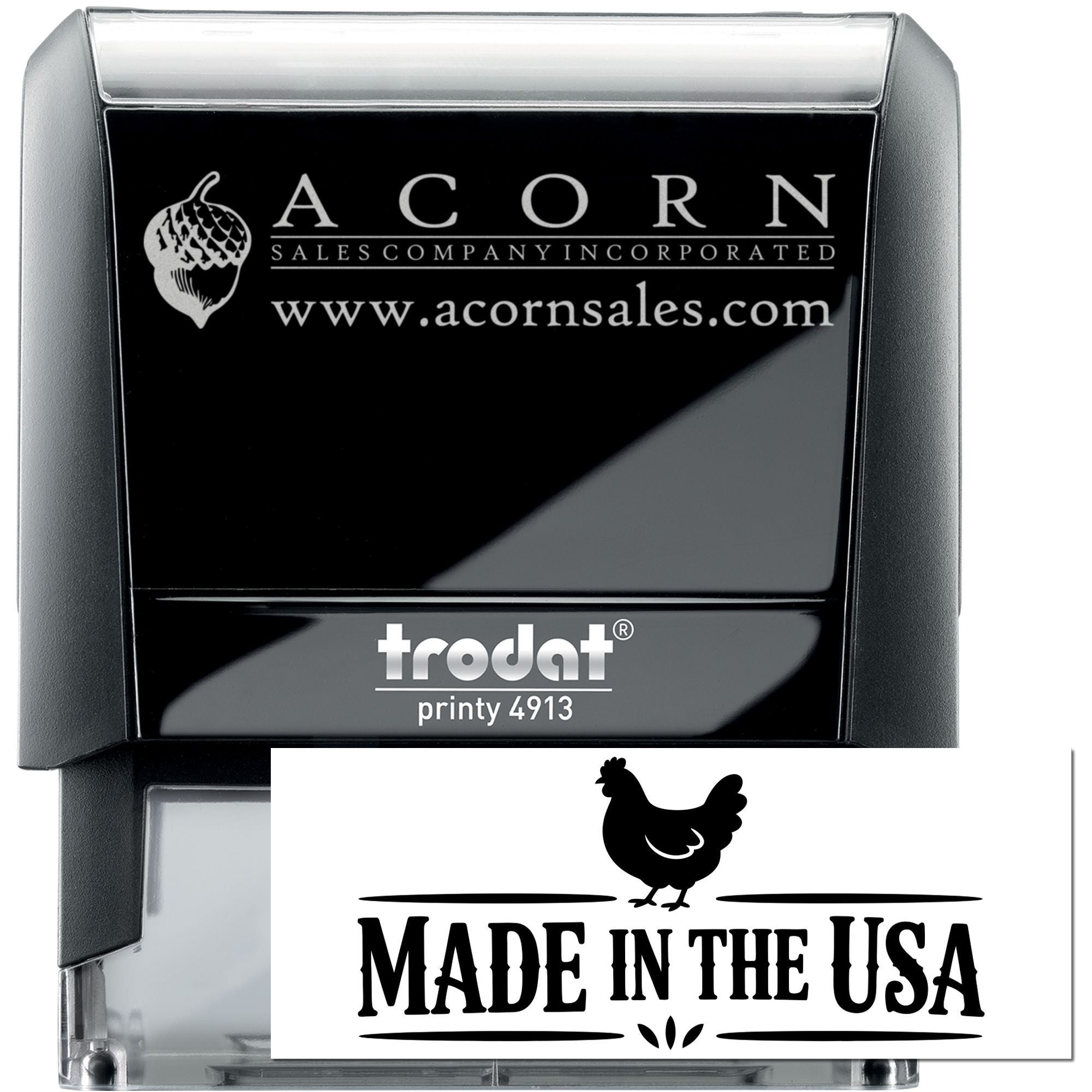 Custom self-inking rubber stamp with Acorn Sales Company logo and Made in the USA imprint on Trodat Printy 4913 case.