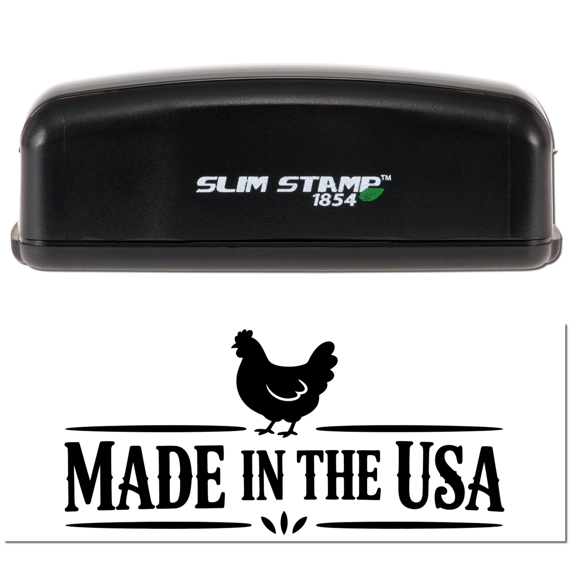 Slim Stamp 1854 rubber stamp featuring a Made in the USA chicken logo for custom business branding.