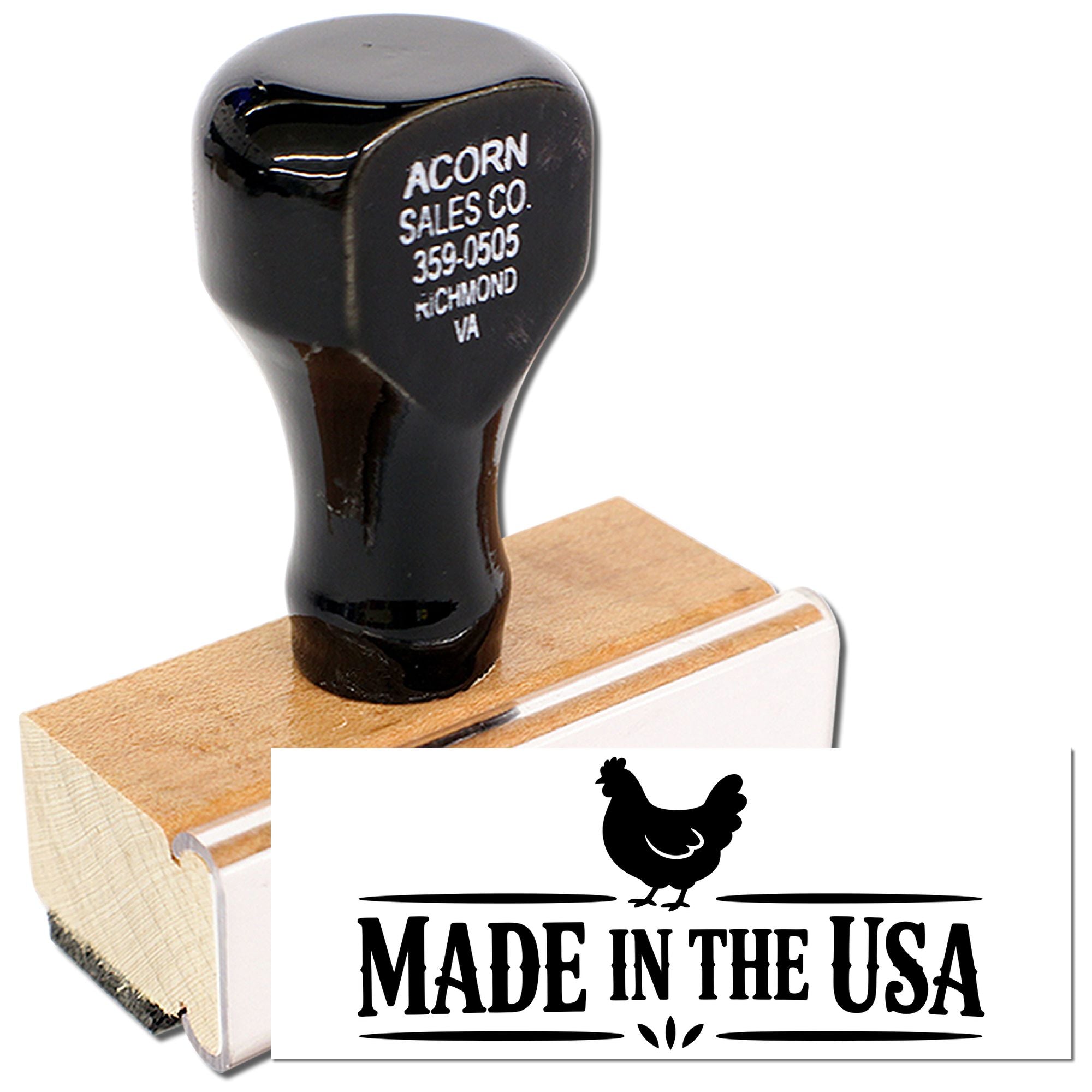 Custom wooden rubber stamp with Made in the USA chicken design for product branding, packaging, and labeling.