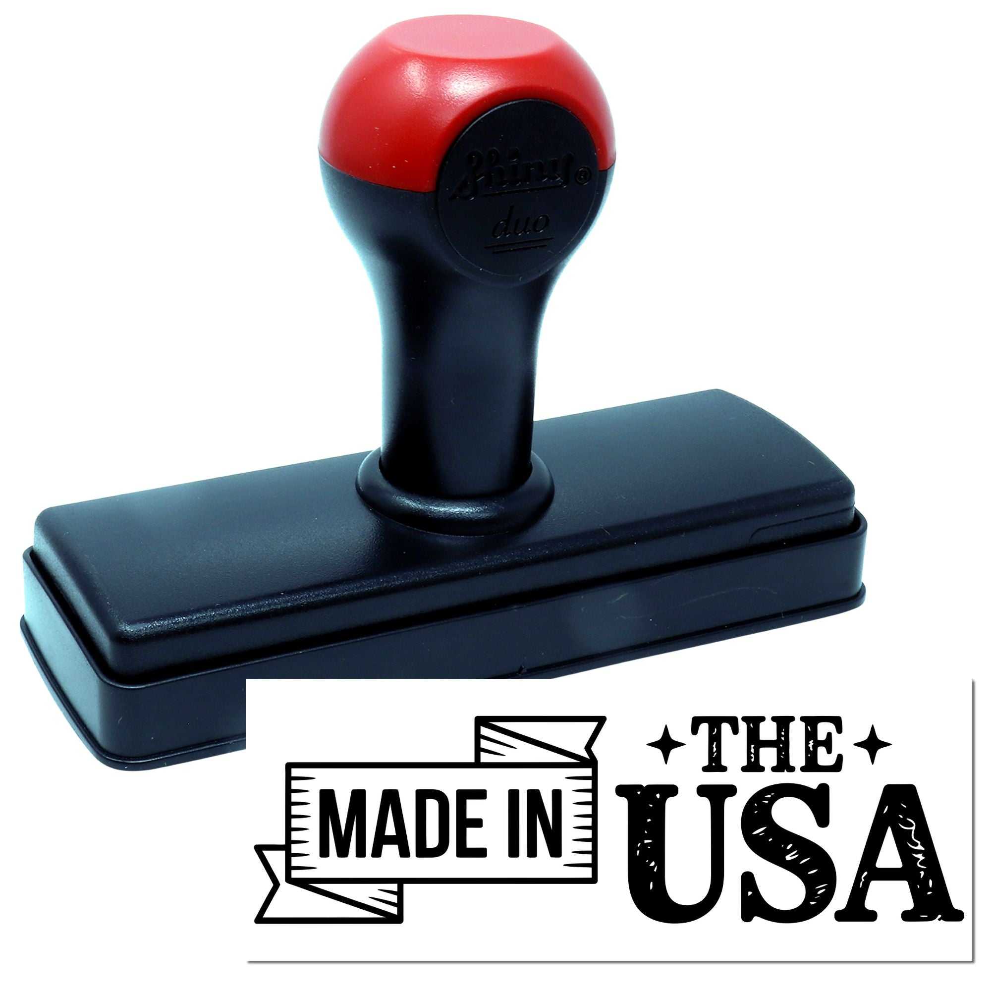 Self-inking rubber stamp with Made in USA design for product labeling