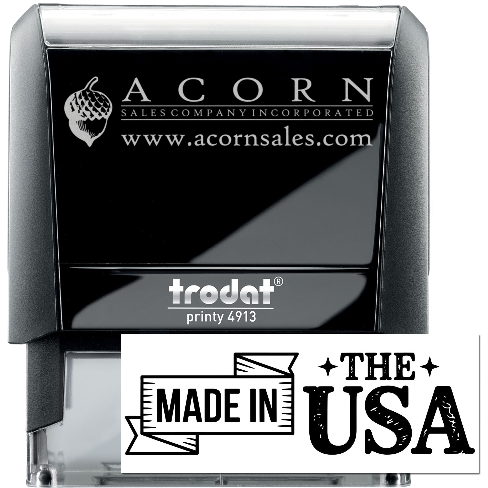 Custom self-inking rubber stamp, Trodat Printy 4913, with Acorn Sales Company logo, website, and Made in USA imprint.
