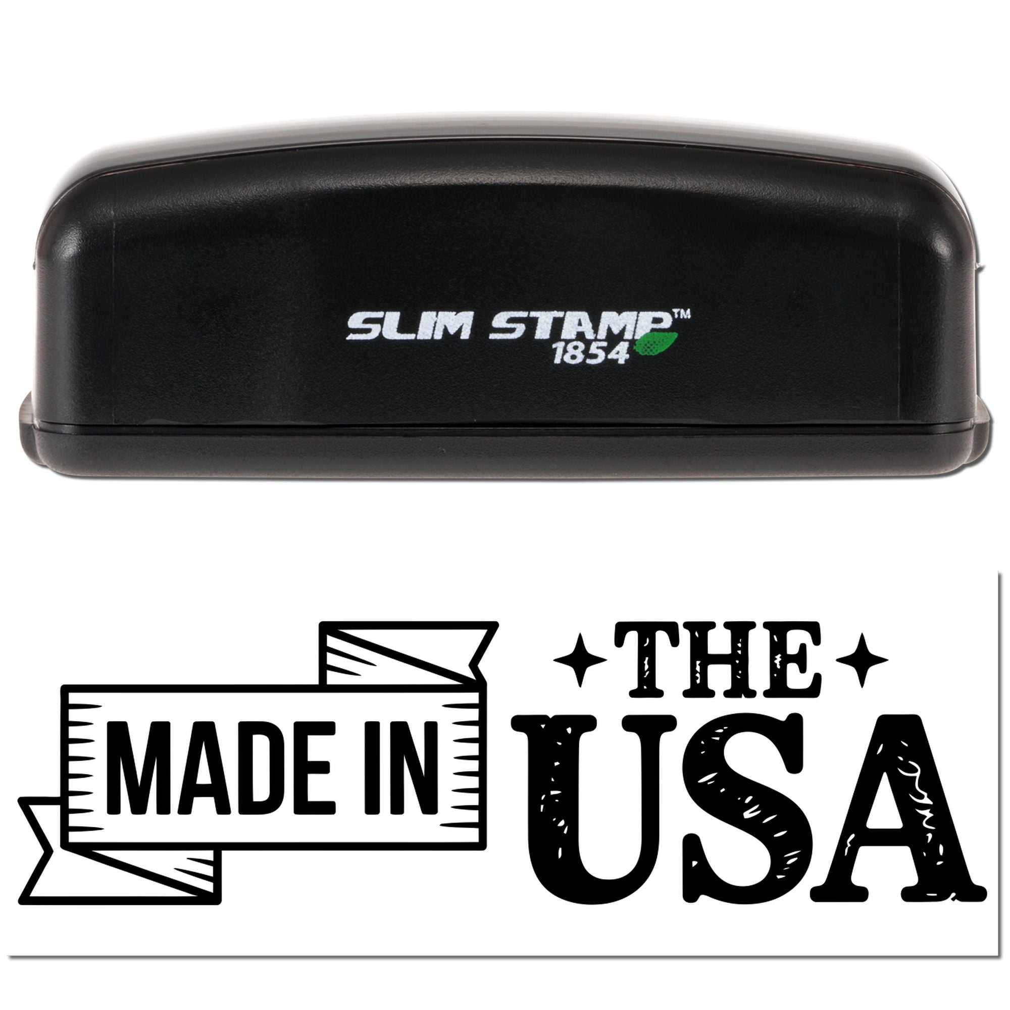 Slim Stamp 1854 rubber stamp and Made in the USA imprint for custom product labeling and branding.