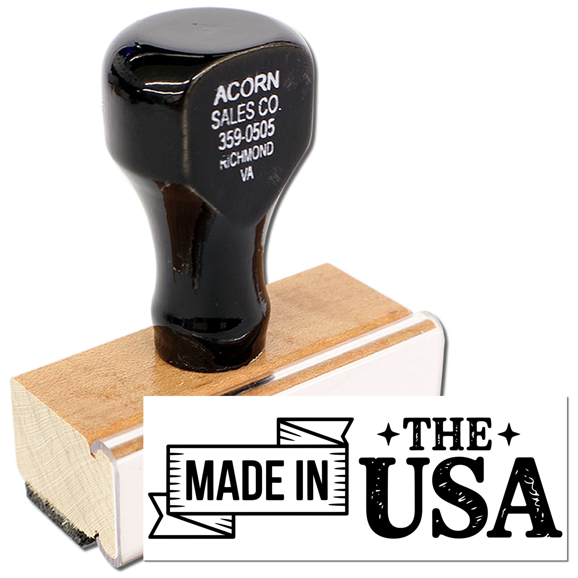 Custom wooden rubber stamp with Made in USA design and Acorn Sales Co. return address.