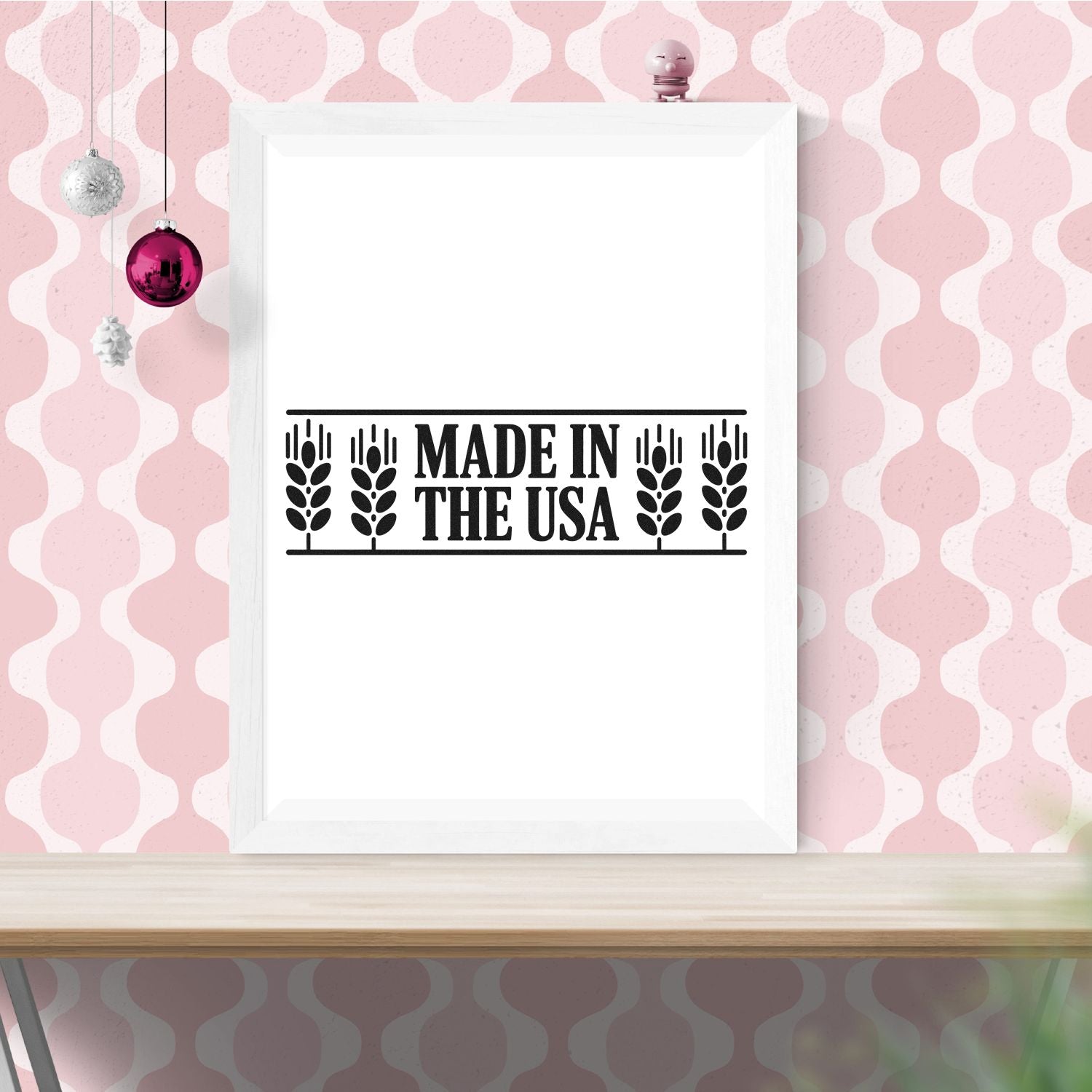 Made in the USA rubber stamp design on framed print for packaging, branding, and product labels
