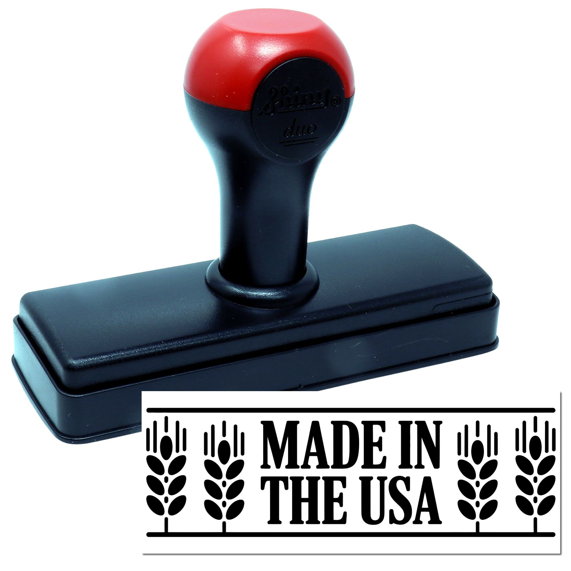Self-inking rubber stamp with Made in the USA imprint for product packaging and branding.