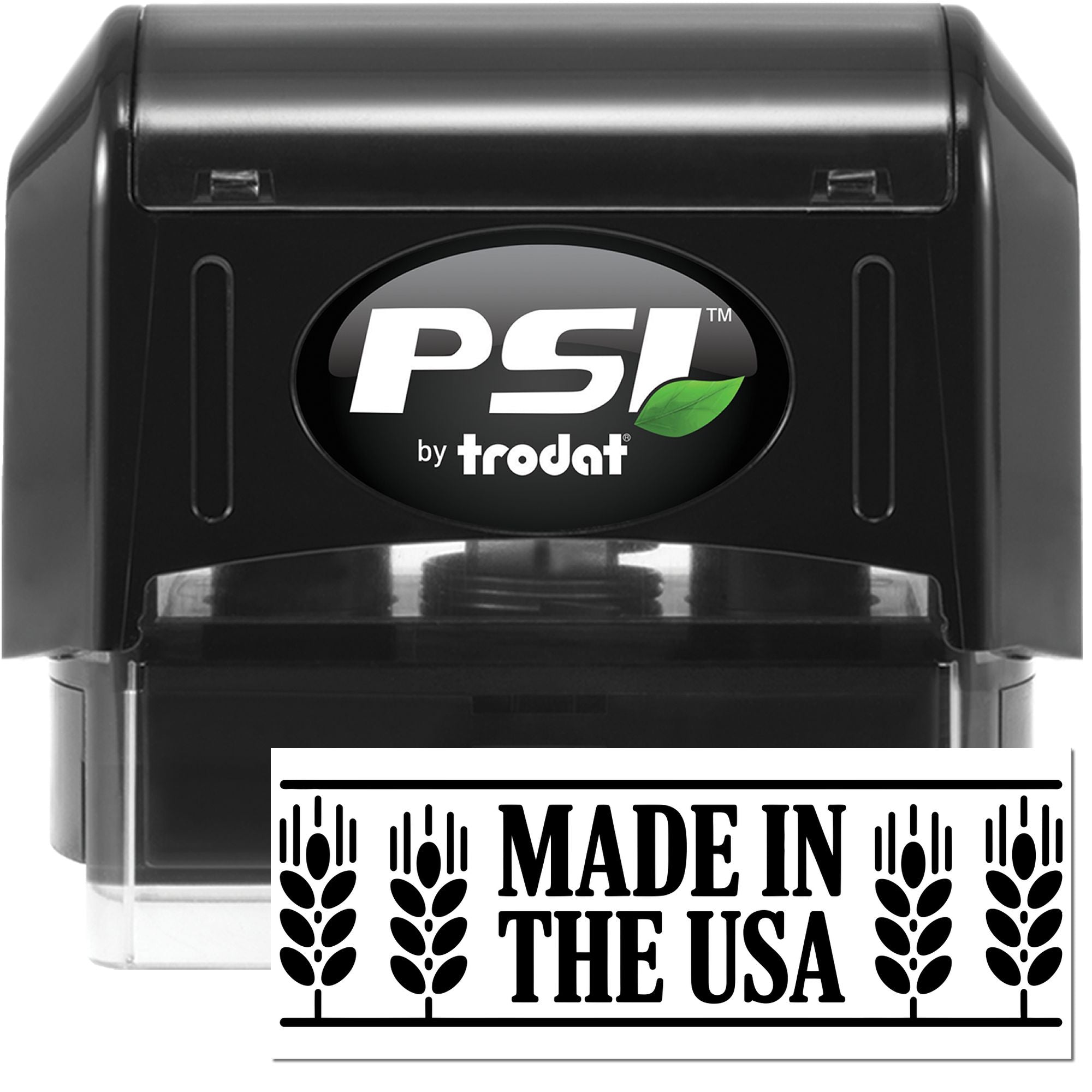 PSI by Trodat self-inking rubber stamp with Made in the USA imprint for product branding and origin labeling.