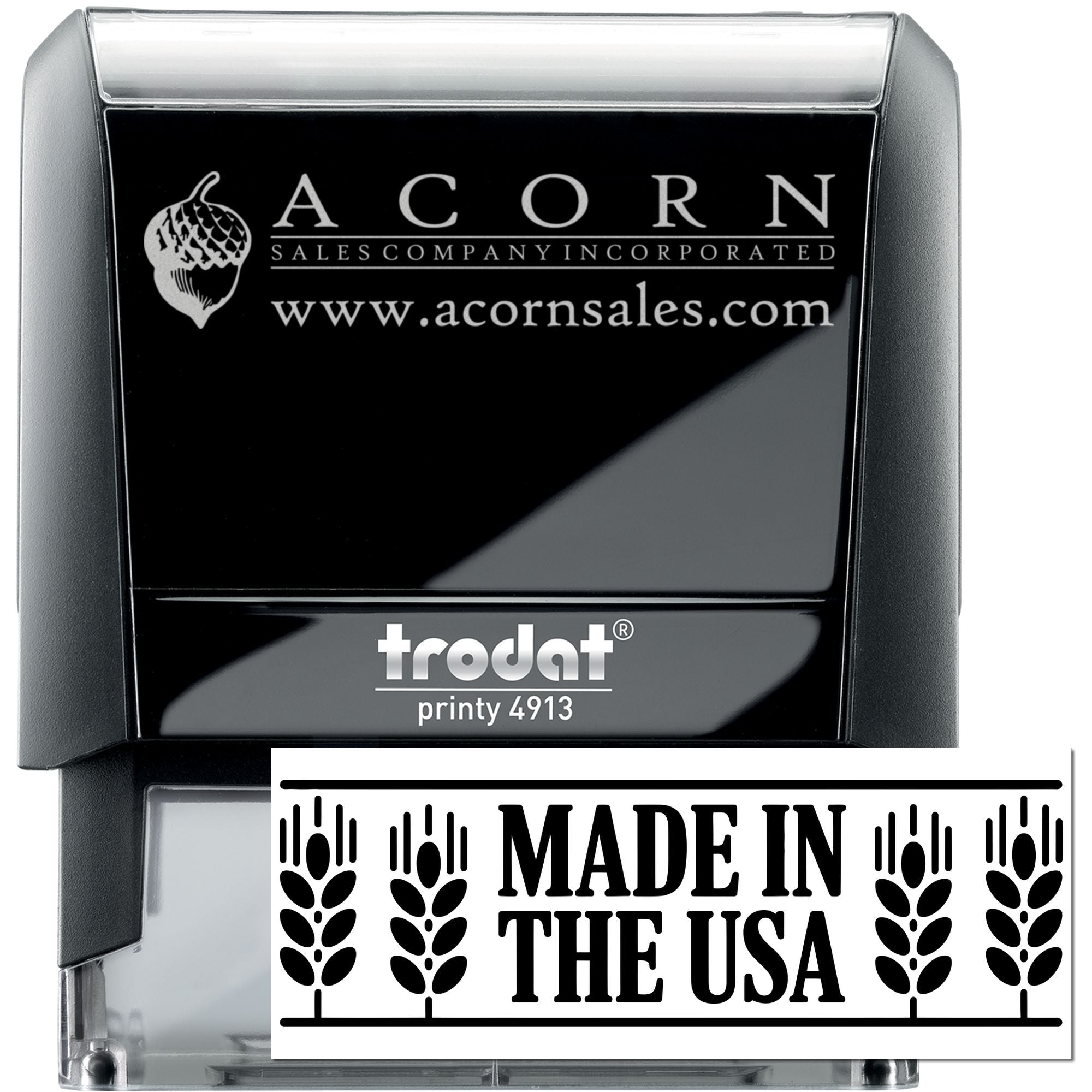 Custom Trodat Printy 4913 self-inking rubber stamp with Acorn Sales Company logo and Made in the USA design for business branding
