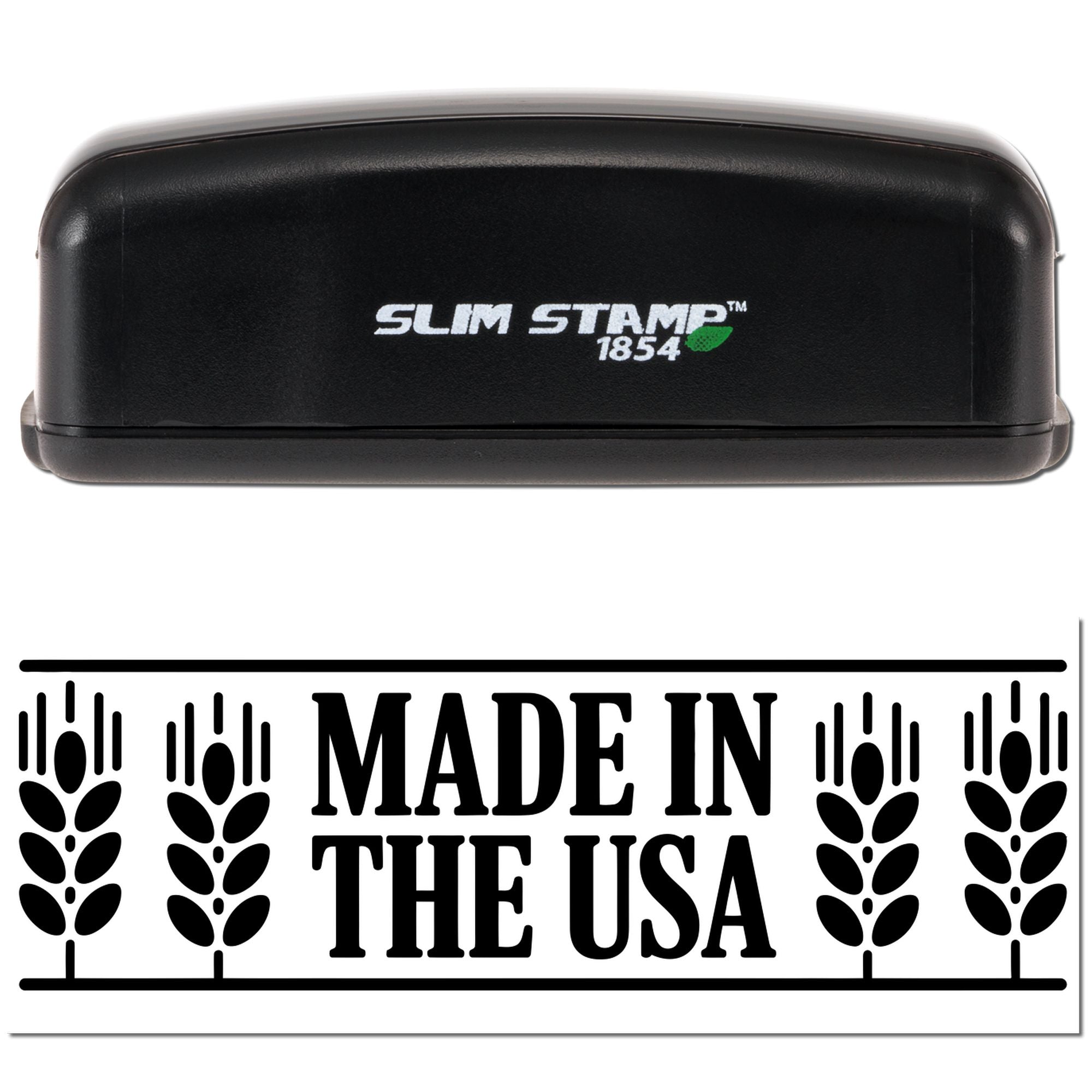 Self-inking rubber stamp featuring a Made in the USA design with wheat border for patriotic product branding.