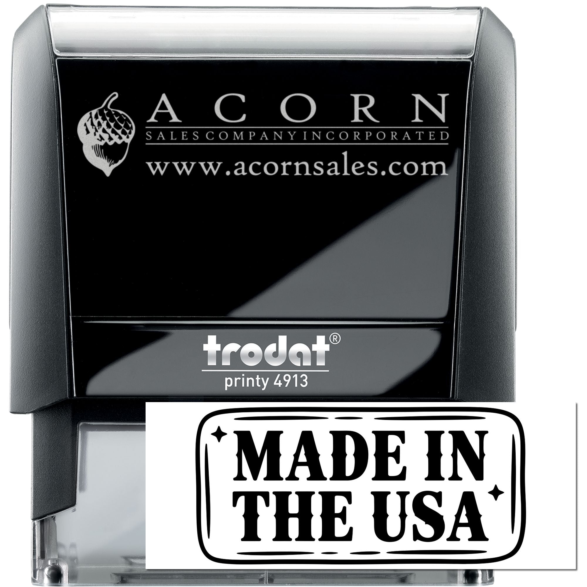Custom self-inking rubber stamp with Acorn Sales Company logo, Trodat Printy 4913, and Made in the USA imprint