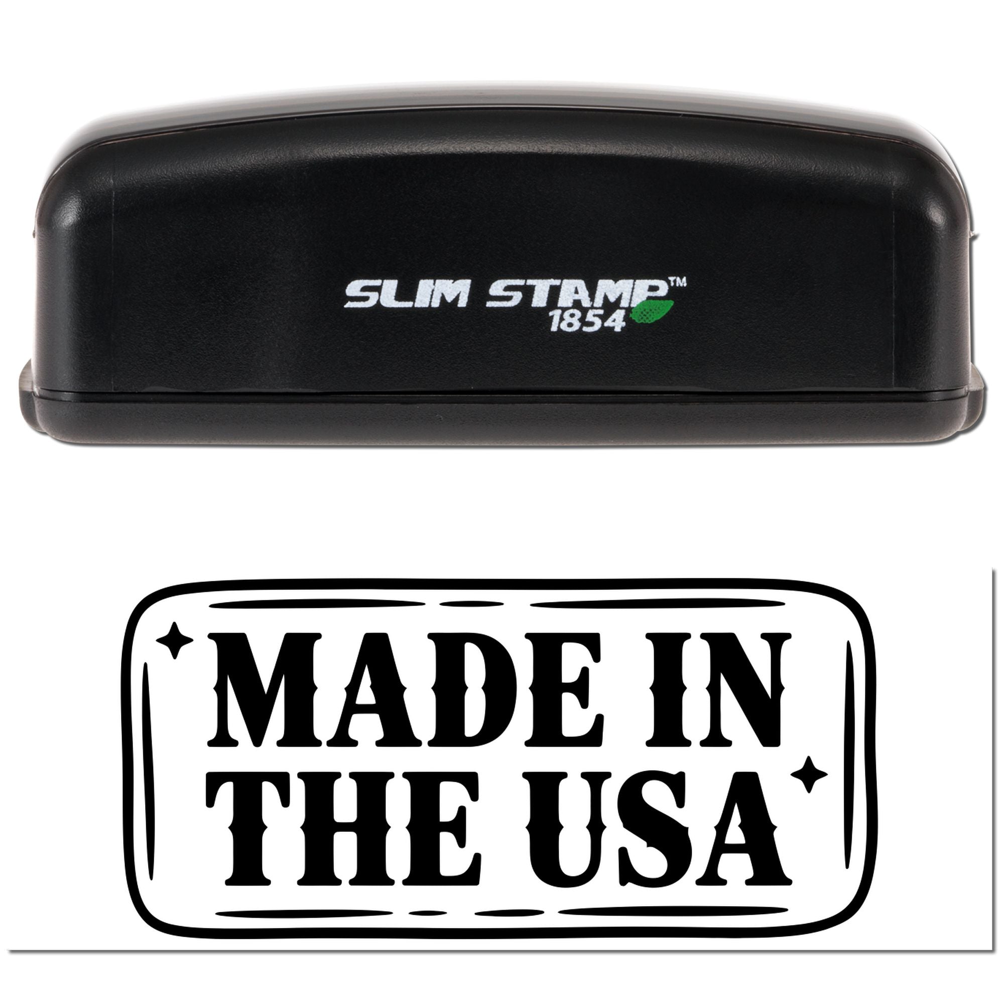 Slim Stamp 1854 rubber stamp with Made in the USA imprint for custom patriotic product labeling.