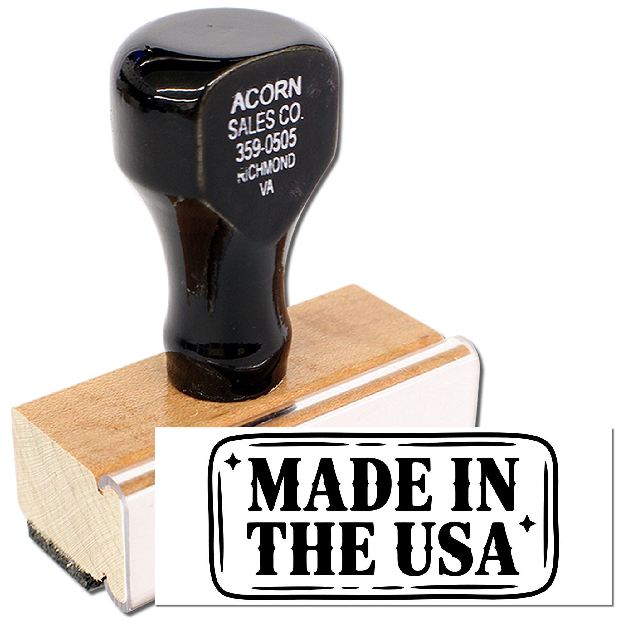 Custom rubber stamp with Made in the USA design for branding packaging, product labels, and patriotic business use.