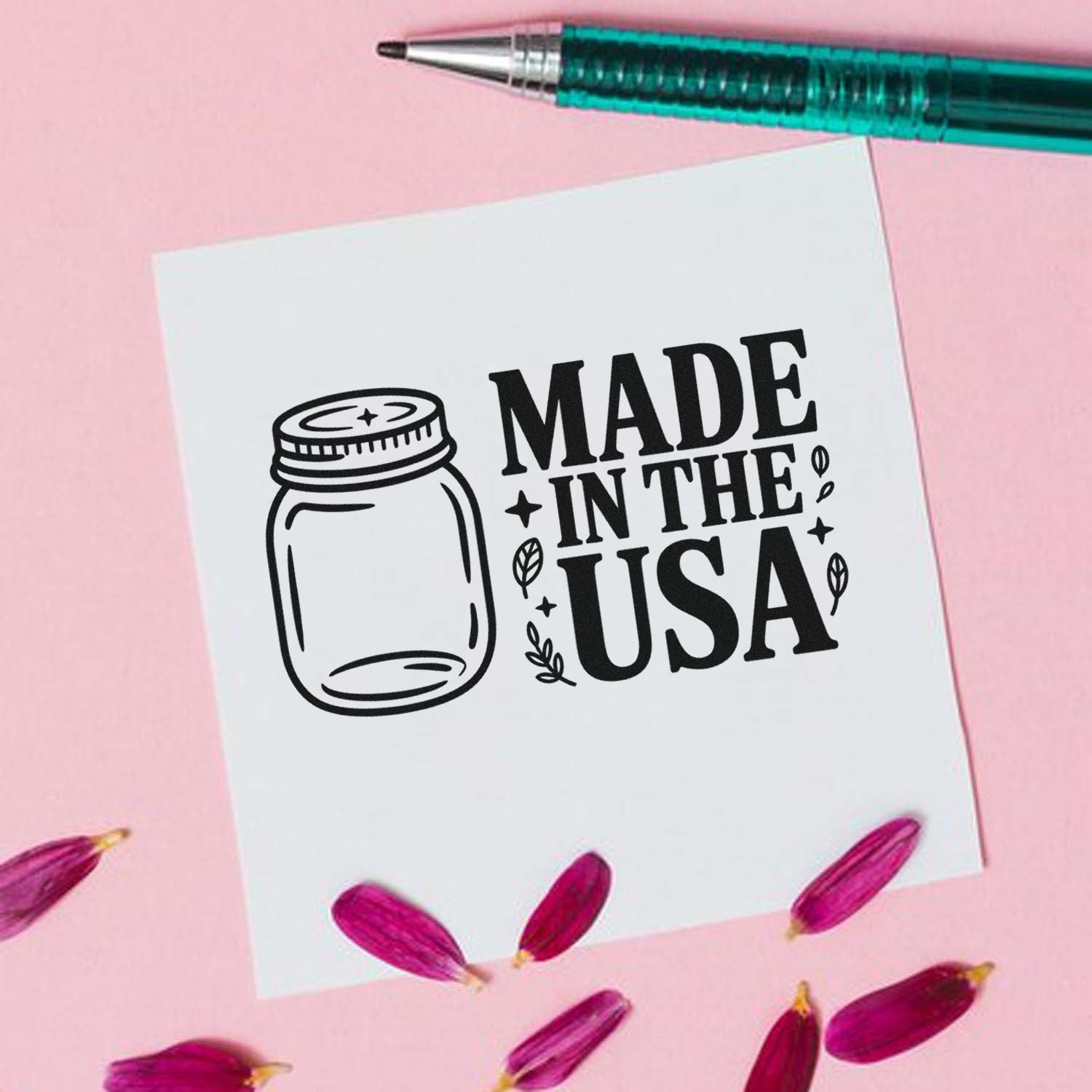 Made in the USA mason jar rubber stamp design on card, ideal for handmade product packaging and craft projects.