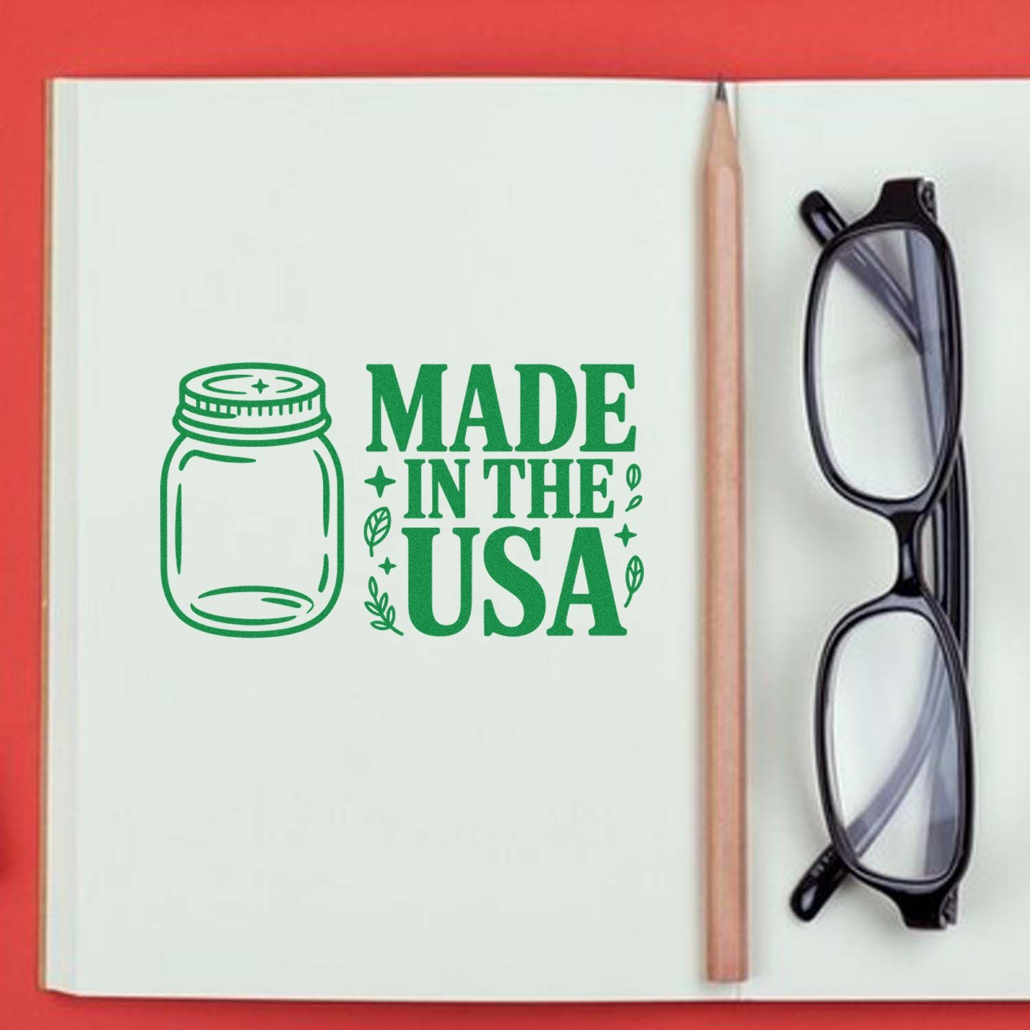 Made in the USA rubber stamp design with jar icon for custom patriotic packaging, labels, and handmade product branding.