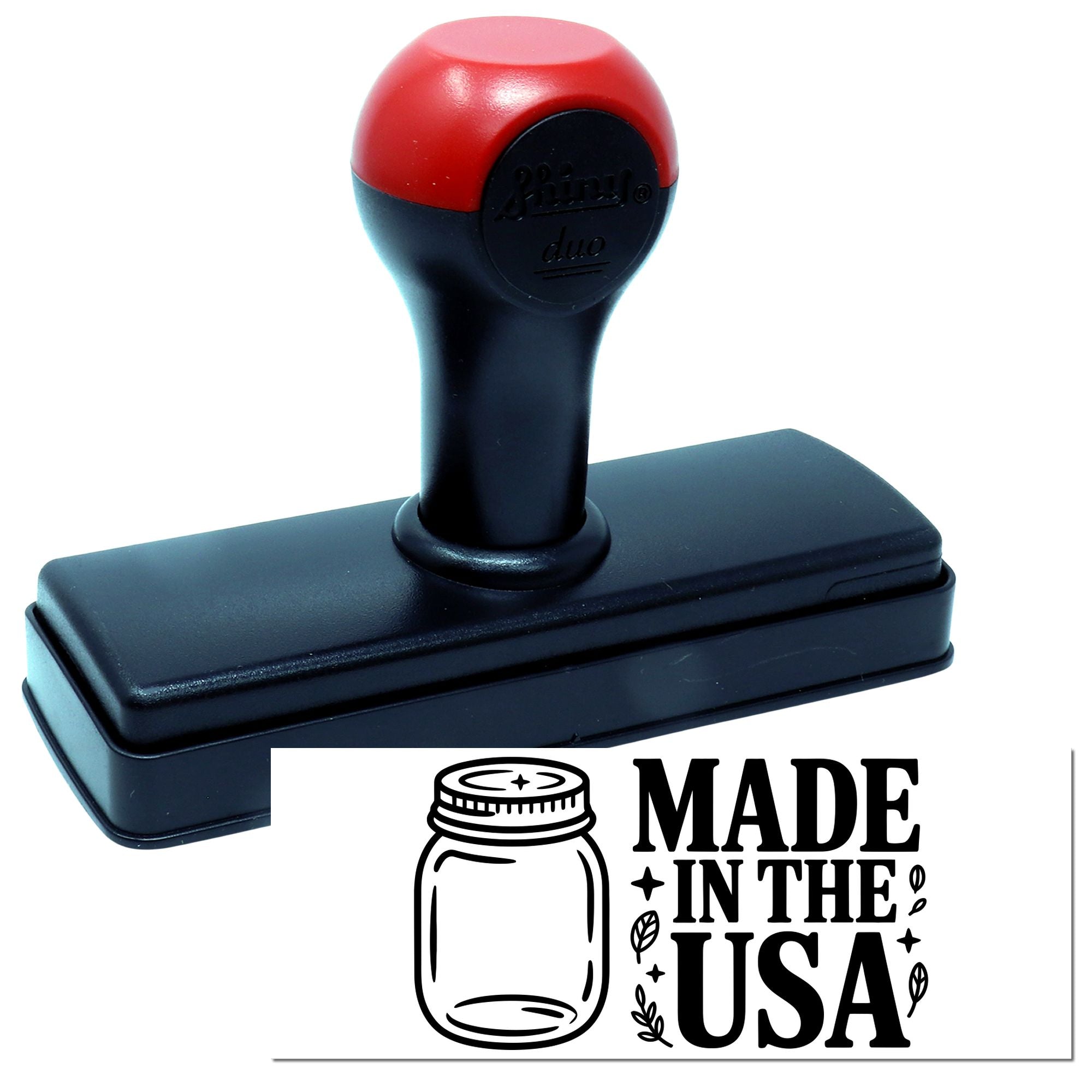 Self-inking rubber stamp with Made in the USA mason jar design for branding handmade products.