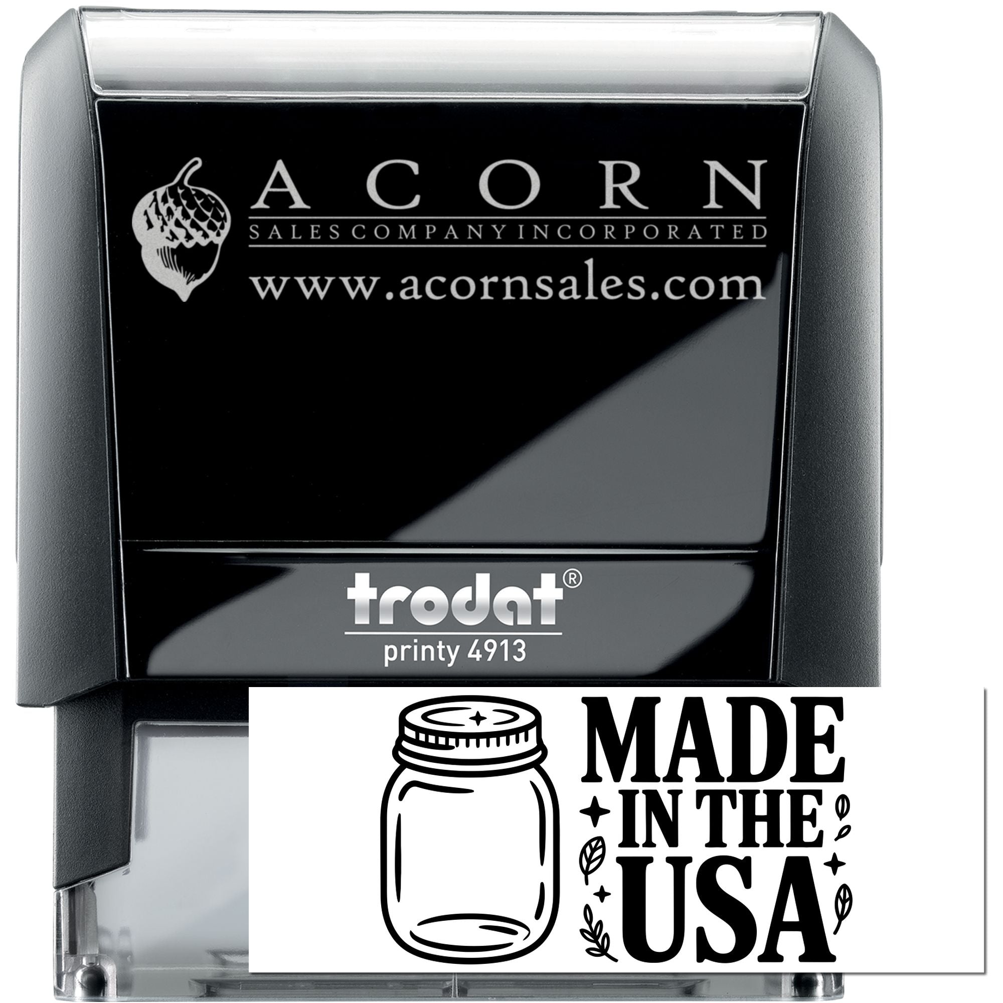 Custom self-inking rubber stamp, Trodat Printy 4913, with Acorn Sales logo and Made in the USA design.