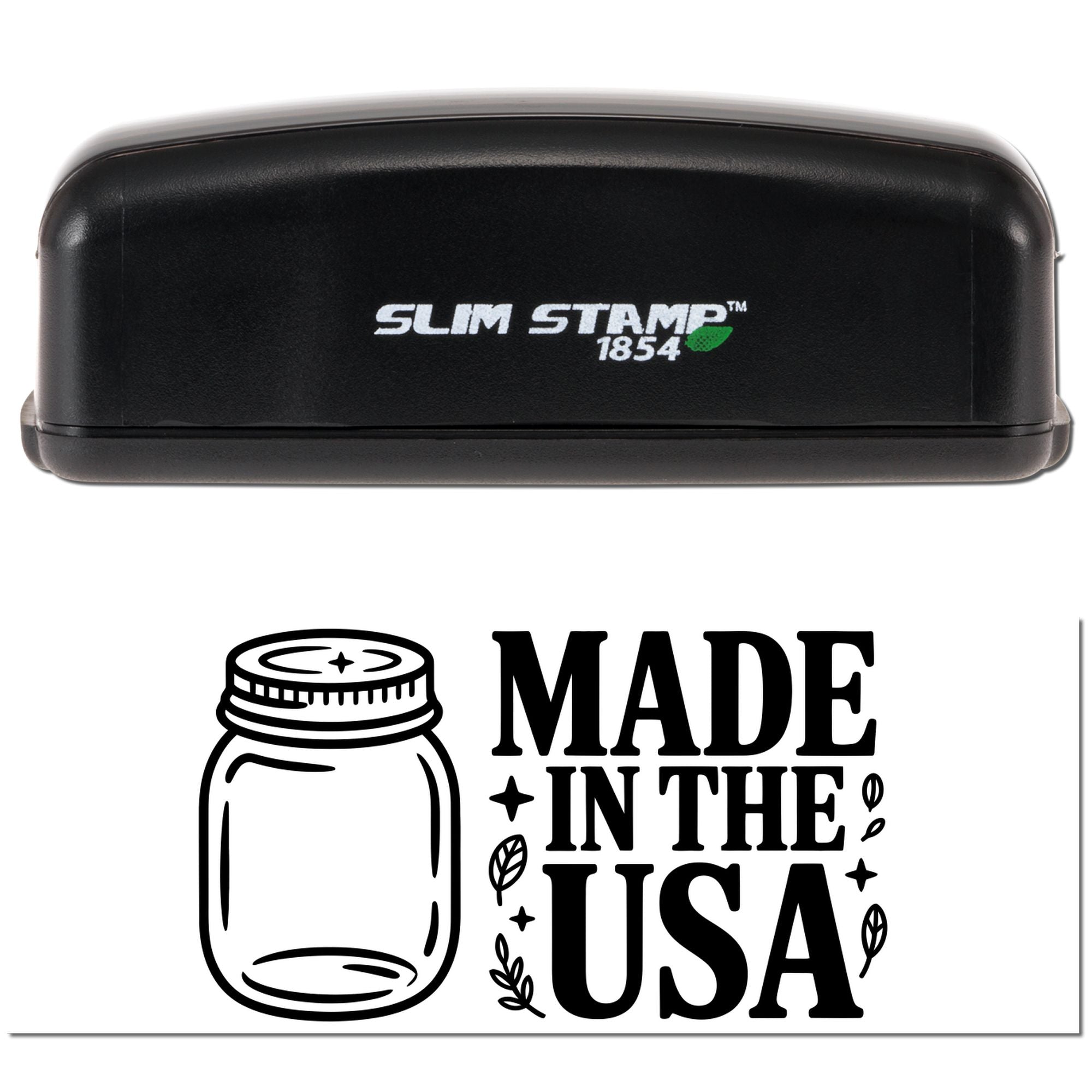 Slim Stamp 1854 rubber stamp with Made in the USA mason jar design for custom crafts, packaging, and branding.