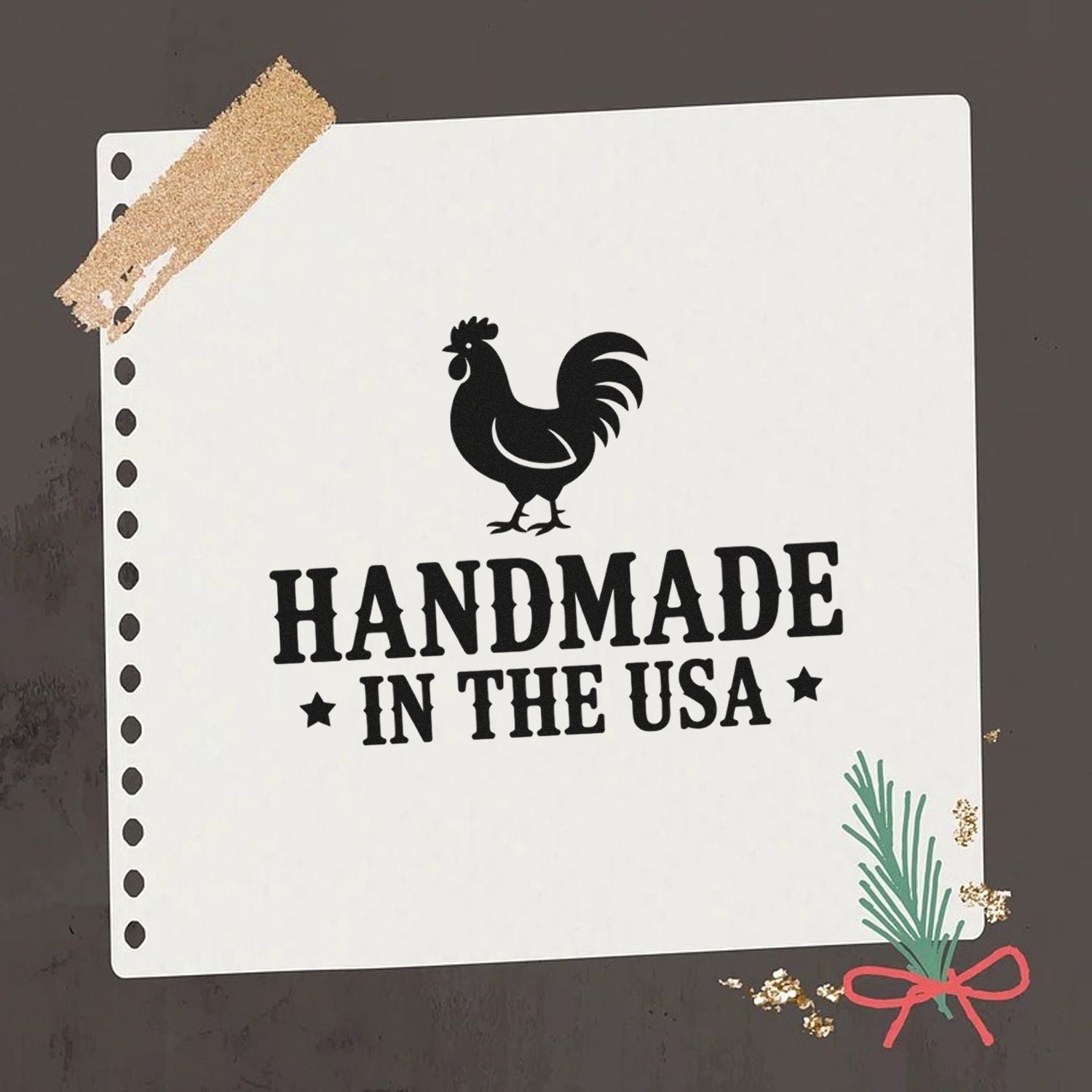 Handmade in the USA rubber stamp with rooster design, ideal for craft packaging and artisan product branding.