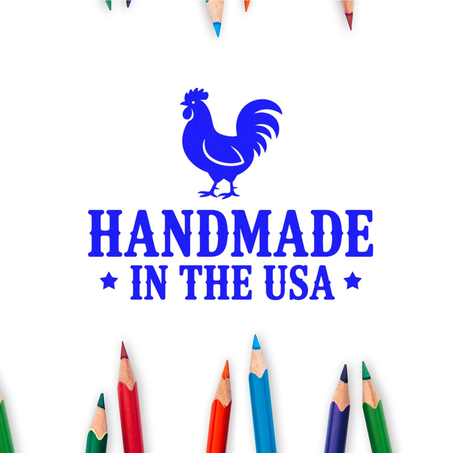 Handmade in the USA rubber stamp design with rooster logo, ideal for custom branding, crafts, and product packaging.