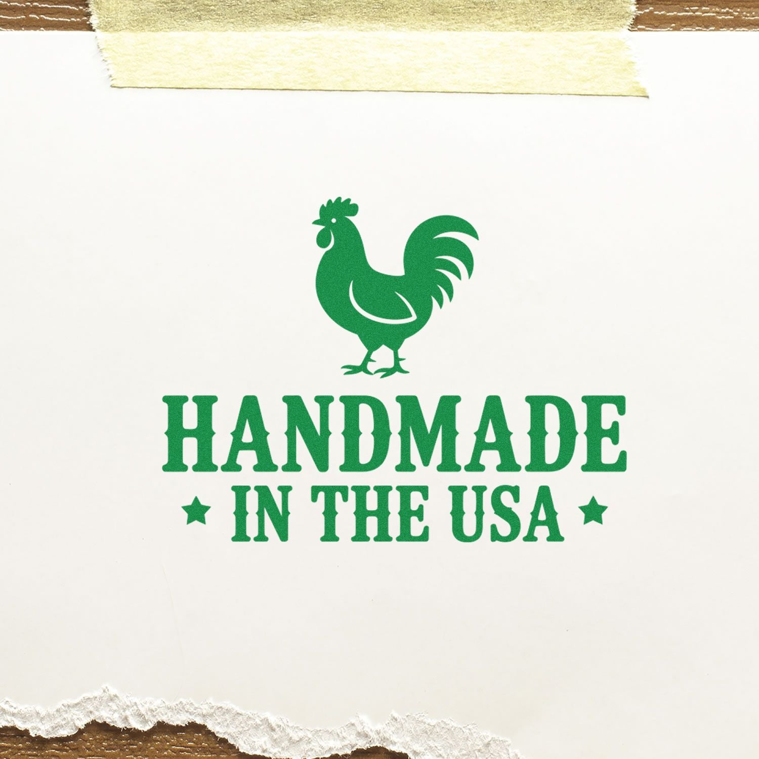 Handmade in the USA rubber stamp with green rooster logo for packaging, crafts, and product branding.