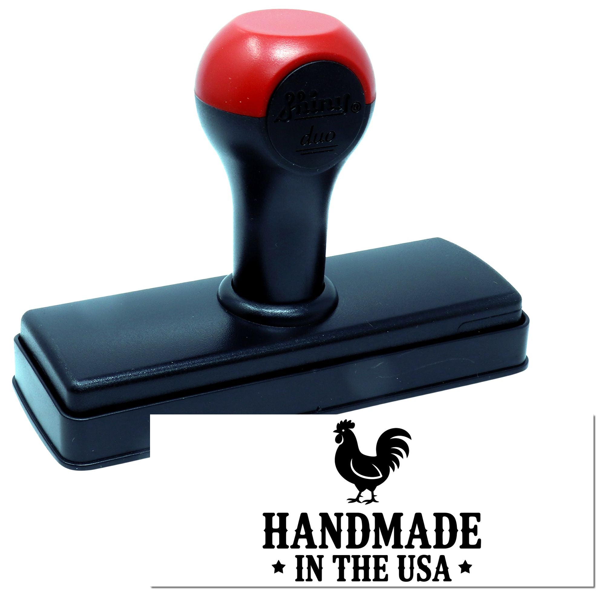Self-inking handmade in the USA rubber stamp with rooster logo for packaging, crafts, and branding.