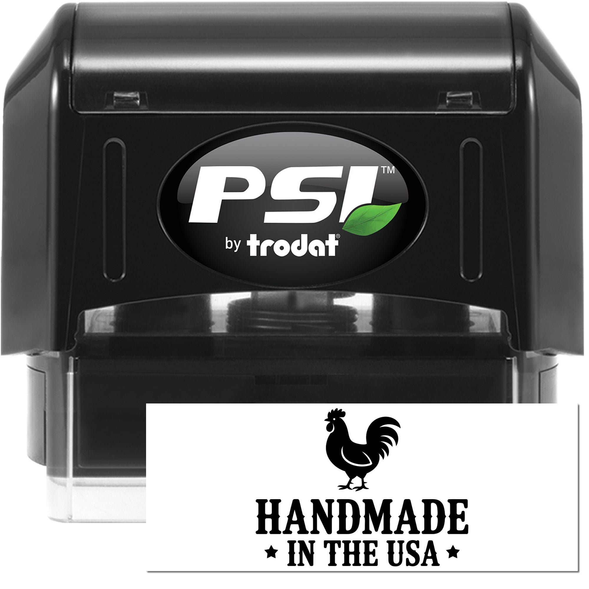 PSI by Trodat custom self-inking rubber stamp with Handmade in the USA rooster logo for artisan product labeling.