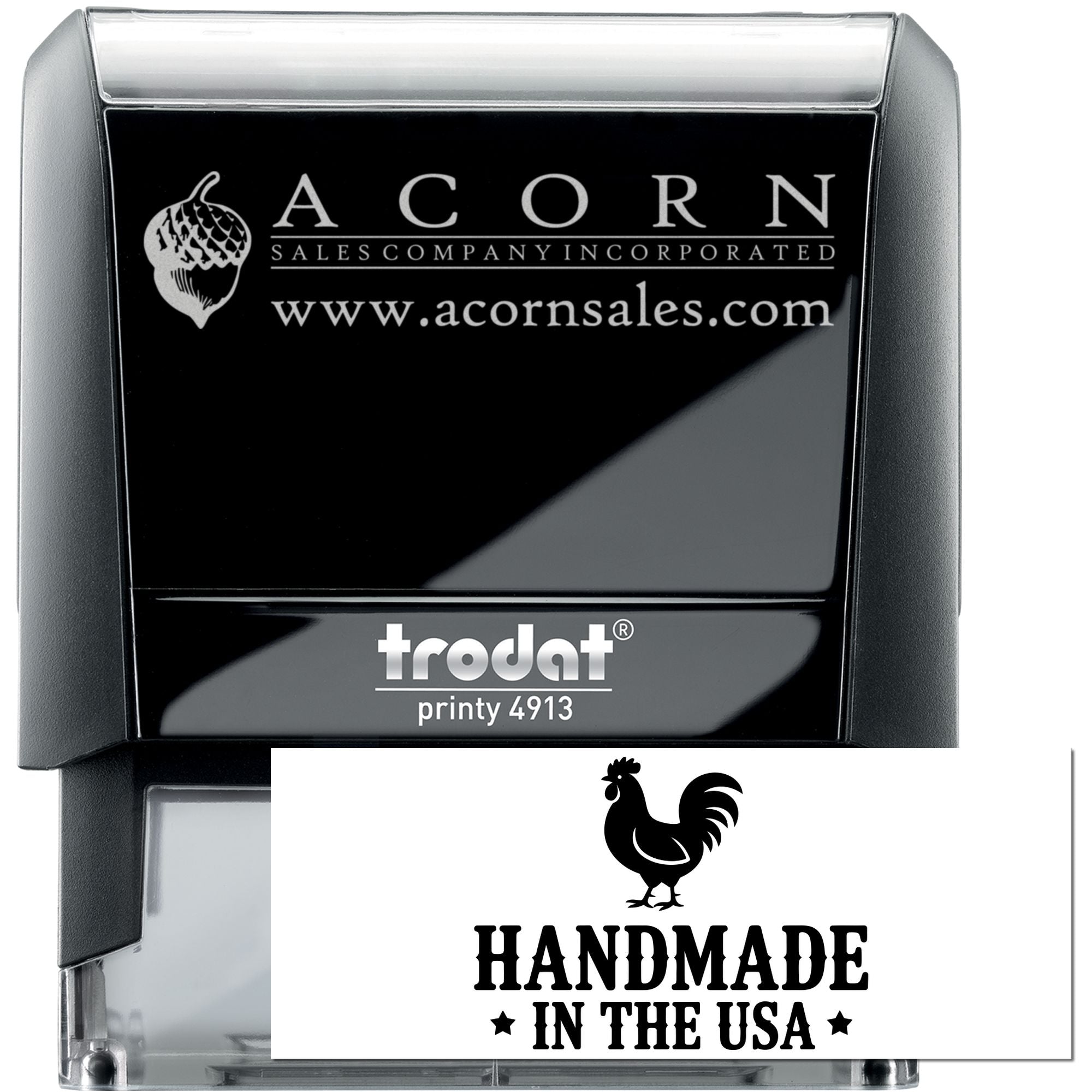 Trodat self-inking rubber stamp with custom Acorn Sales logo and handmade in USA rooster stamp sample.