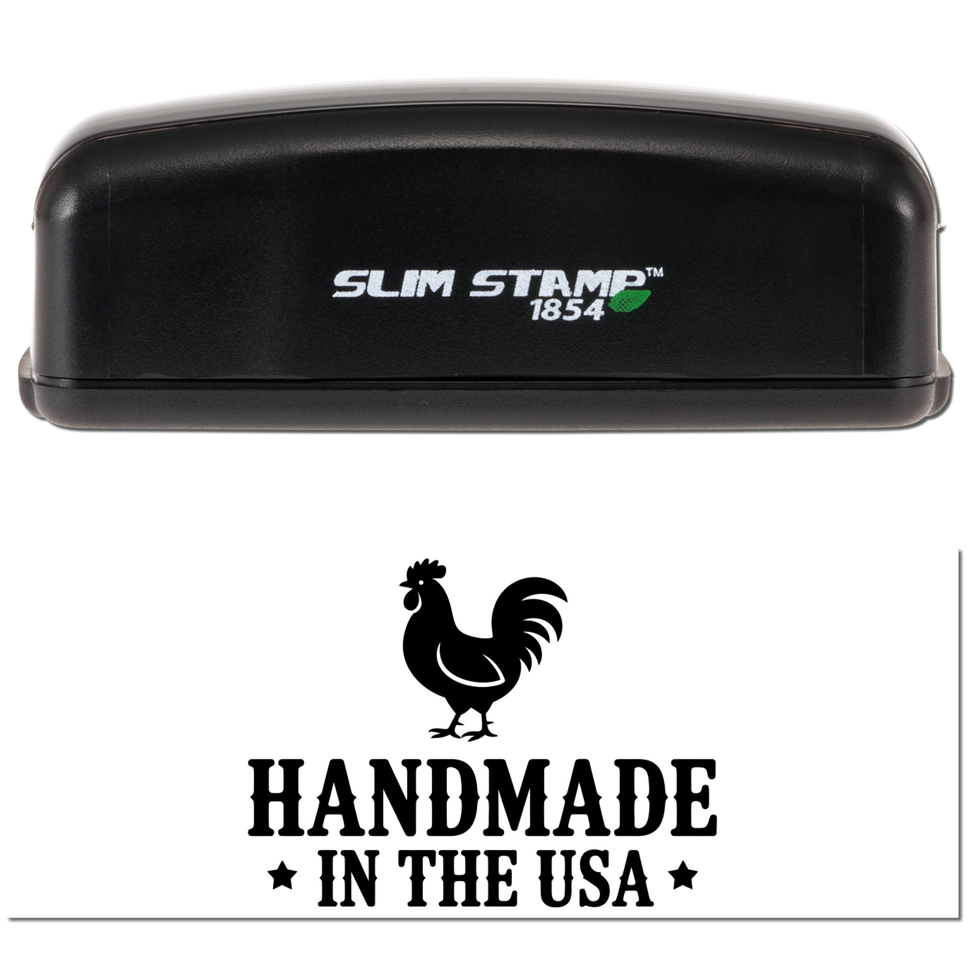 Compact Slim Stamp 1854 rubber stamp with rooster logo, creating a Handmade in the USA imprint for artisan product branding.