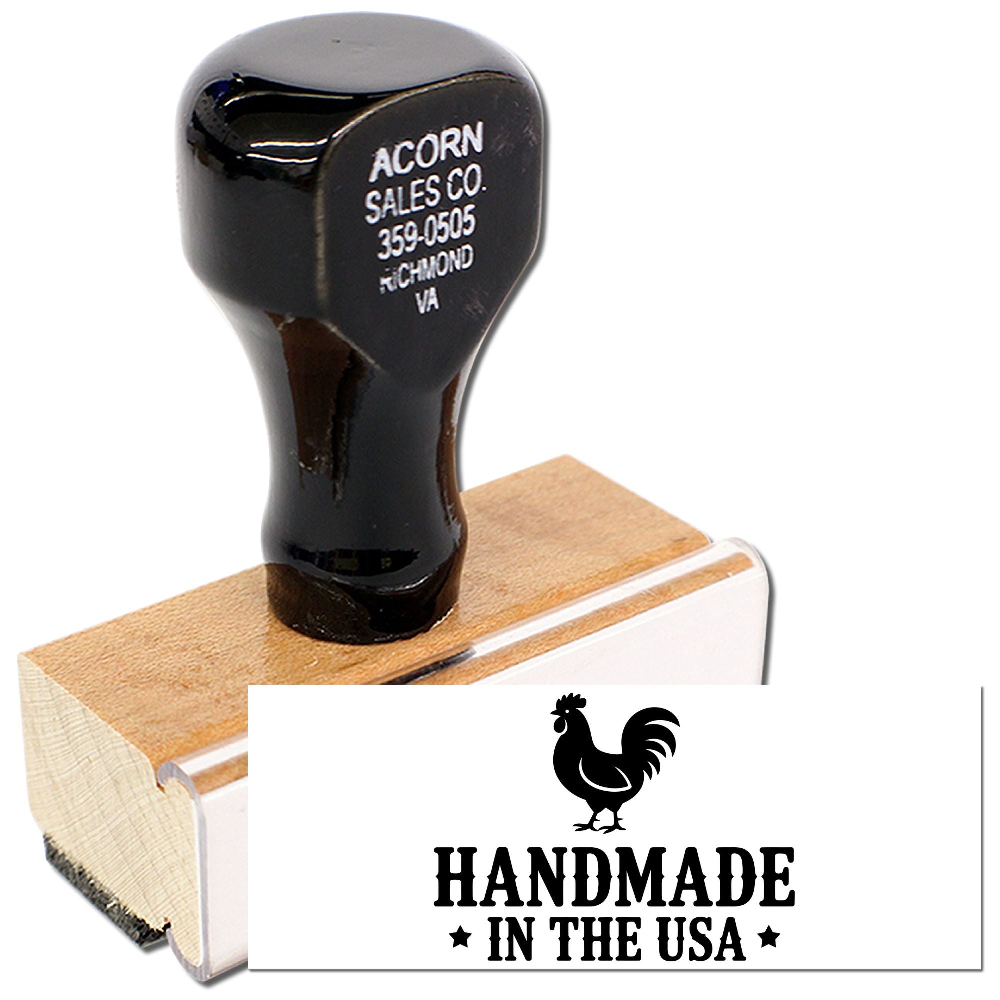 Custom wooden rubber stamp with rooster logo, perfect for Handmade in the USA branding and packaging.